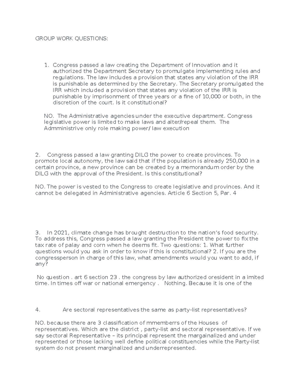 Group WORK Questions - consti - GROUP WORK QUESTIONS: 1. Congress ...