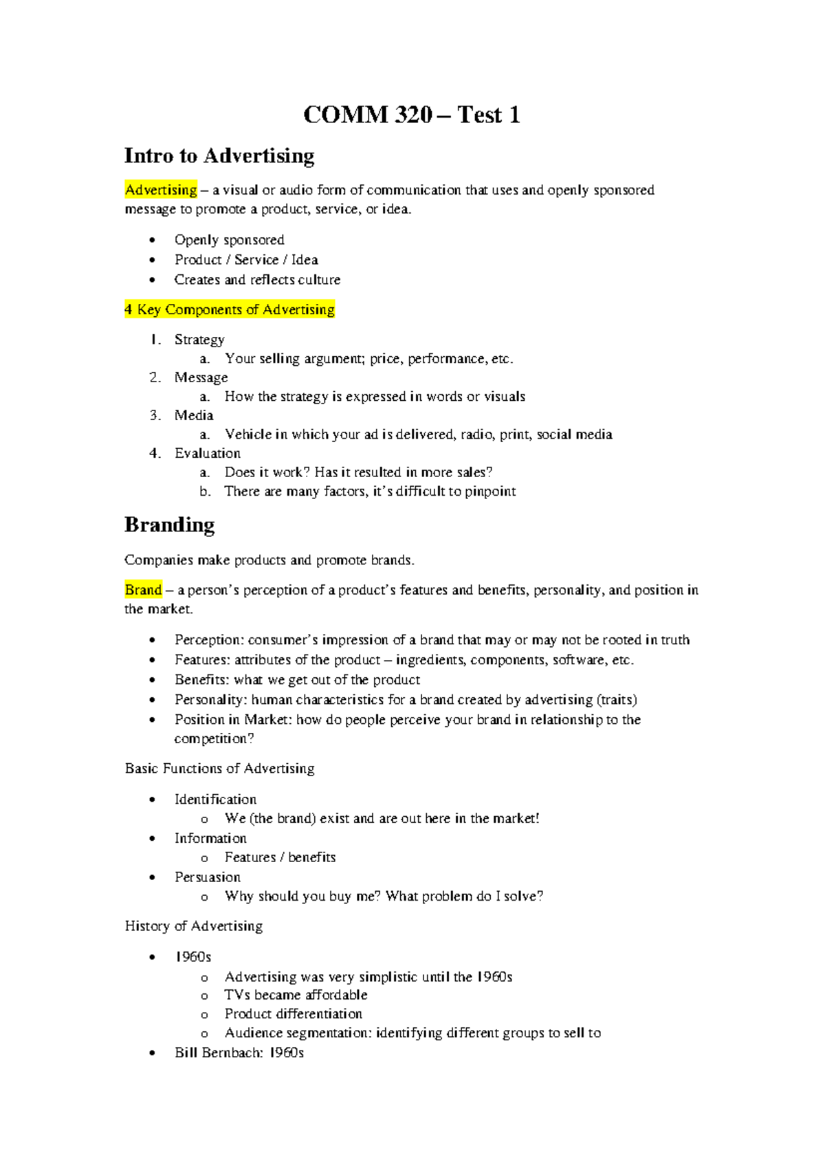 COMM 320 Test 1 - COMM 320 – Test 1 Intro to Advertising Advertising ...