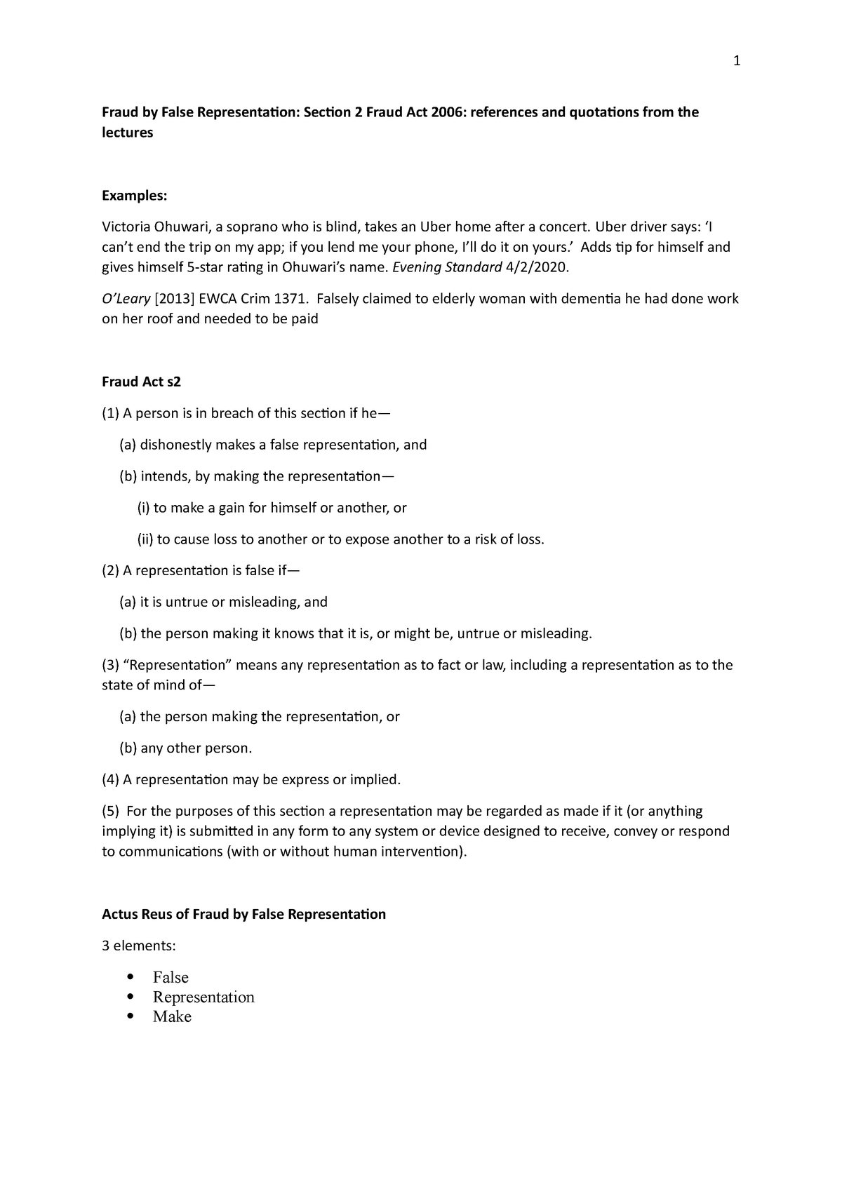 Fraud by False Representation references and quotations from lectures ...