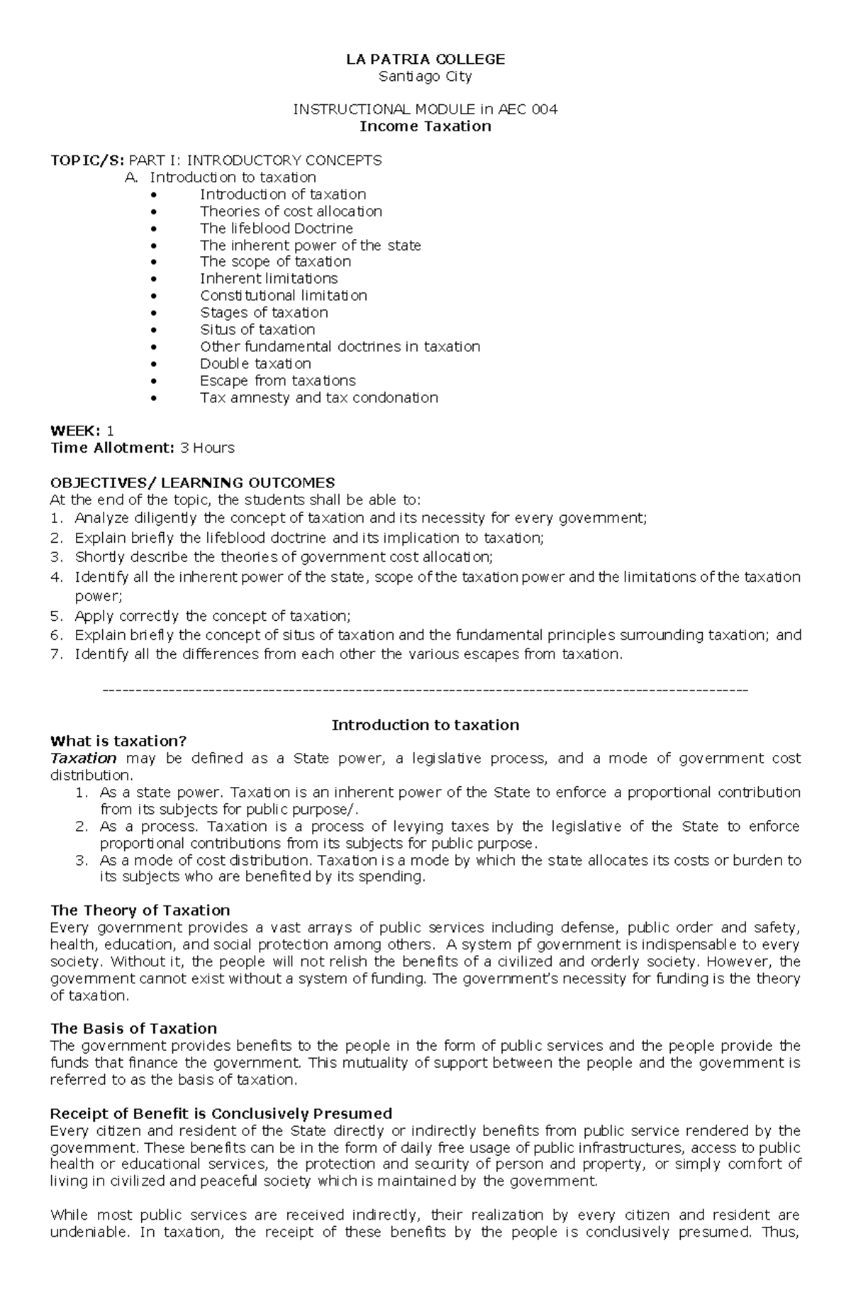 AEC004 WEEK 1 Module - Income taxation - LA PATRIA COLLEGE Santiago ...