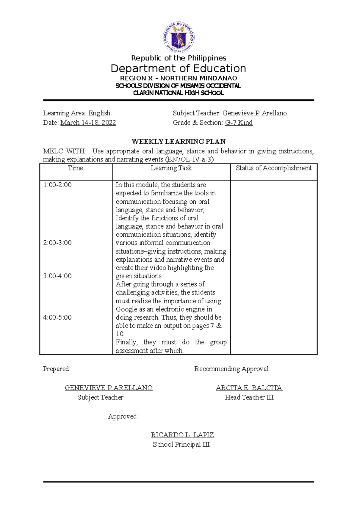 WLP 2021 - WEEKLY PLAN - Republic of the Philippines Department of ...