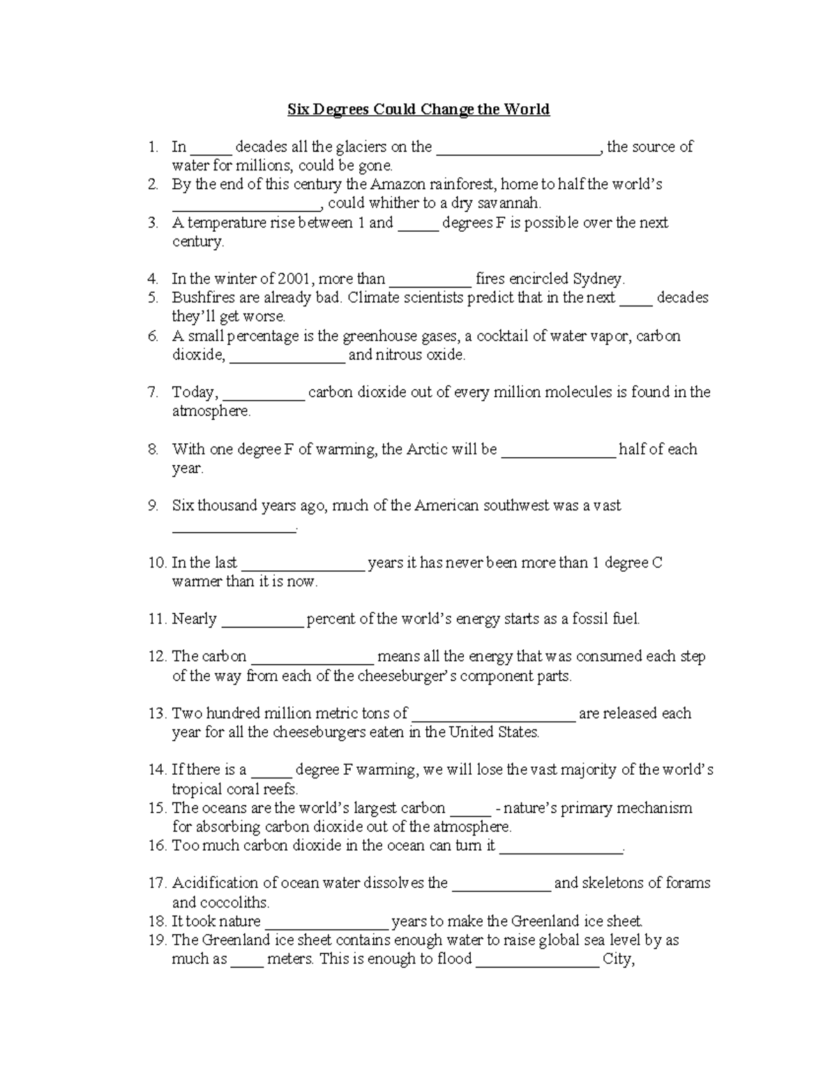Six Degrees Could Change The World Worksheet Answers 6 degrees that changed world 1 - Six Degrees Could Change the World In