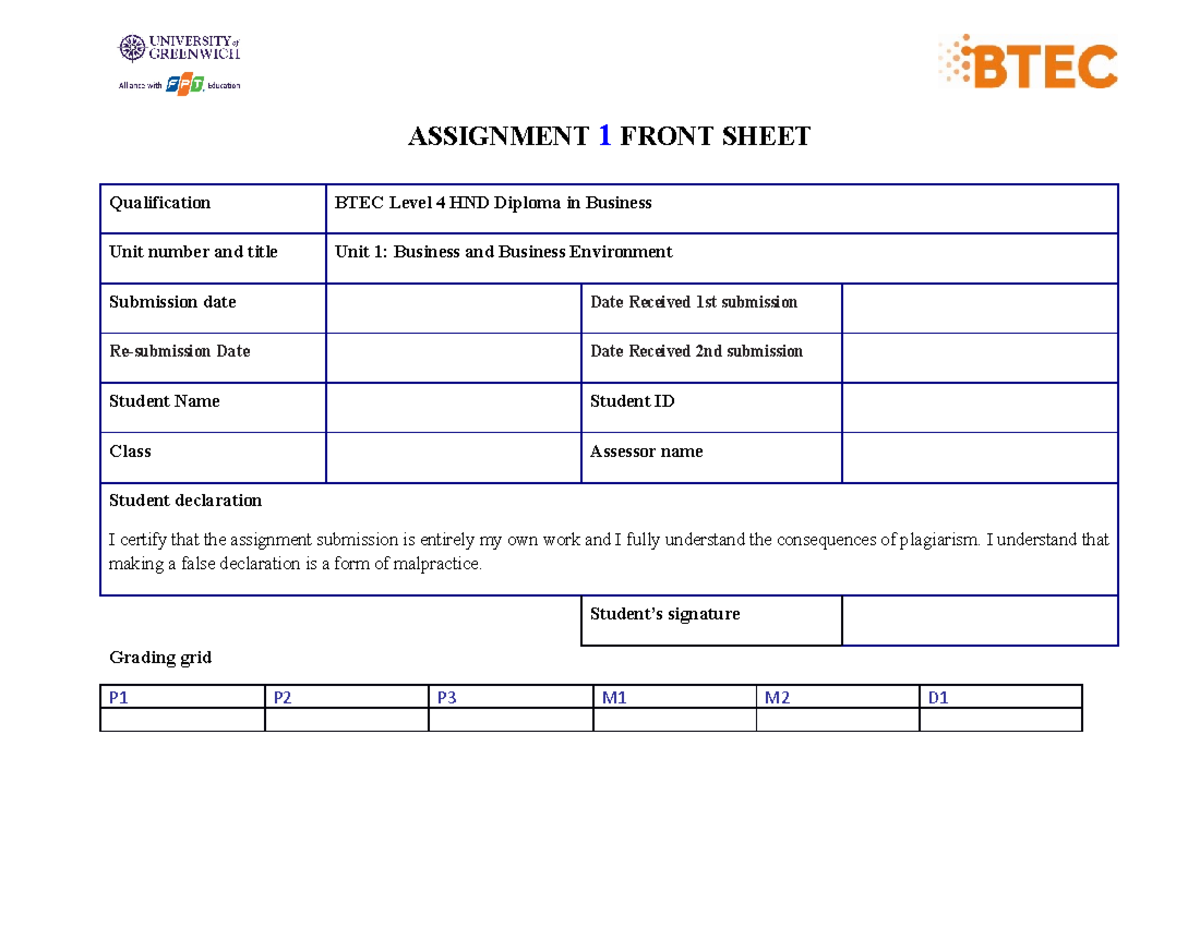 Dinh tu linh - tttttt - ASSIGNMENT 1 FRONT SHEET Qualification BTEC ...