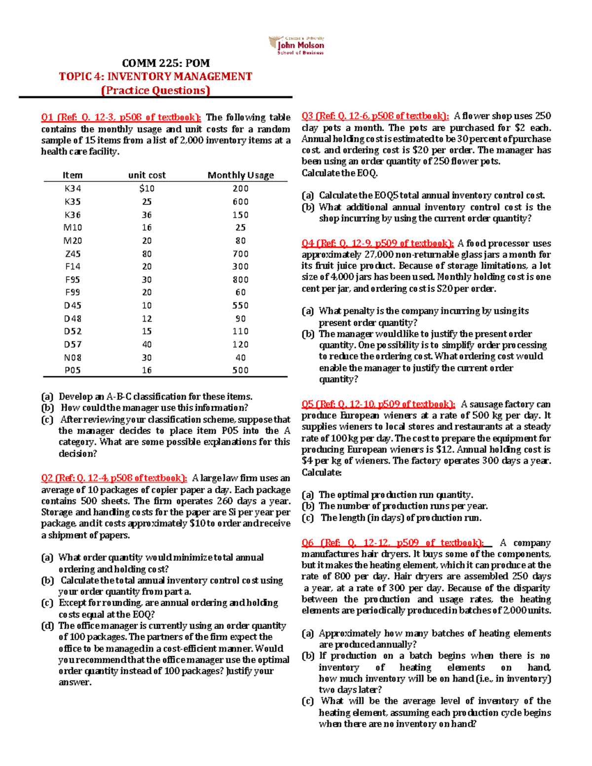 Inventory Management Questions (Practice) COMM 225 POM TOPIC 4
