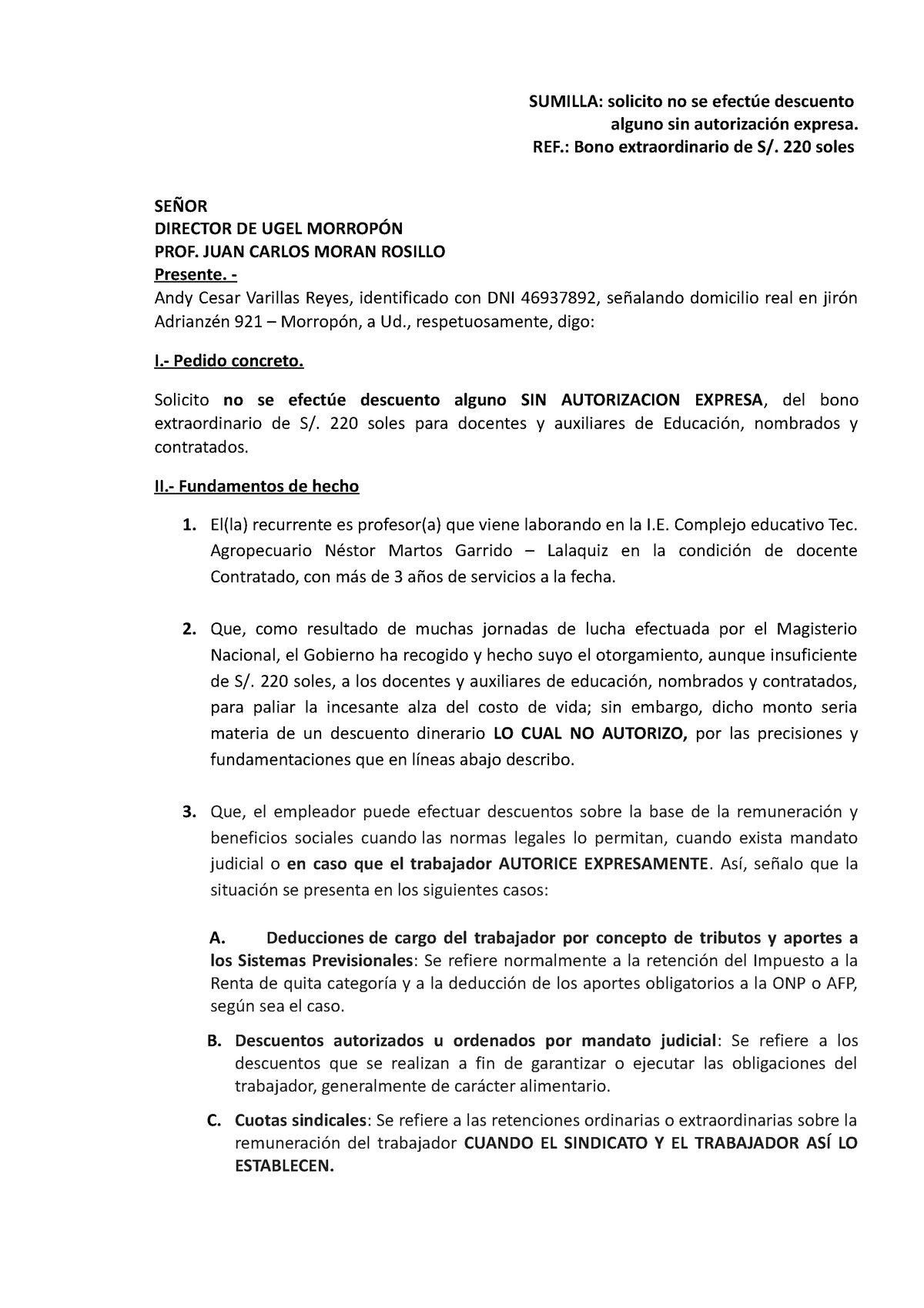 Solicitud PARA Evitar Descuento DE BONO DE 220 Soles Julio 2023 ...