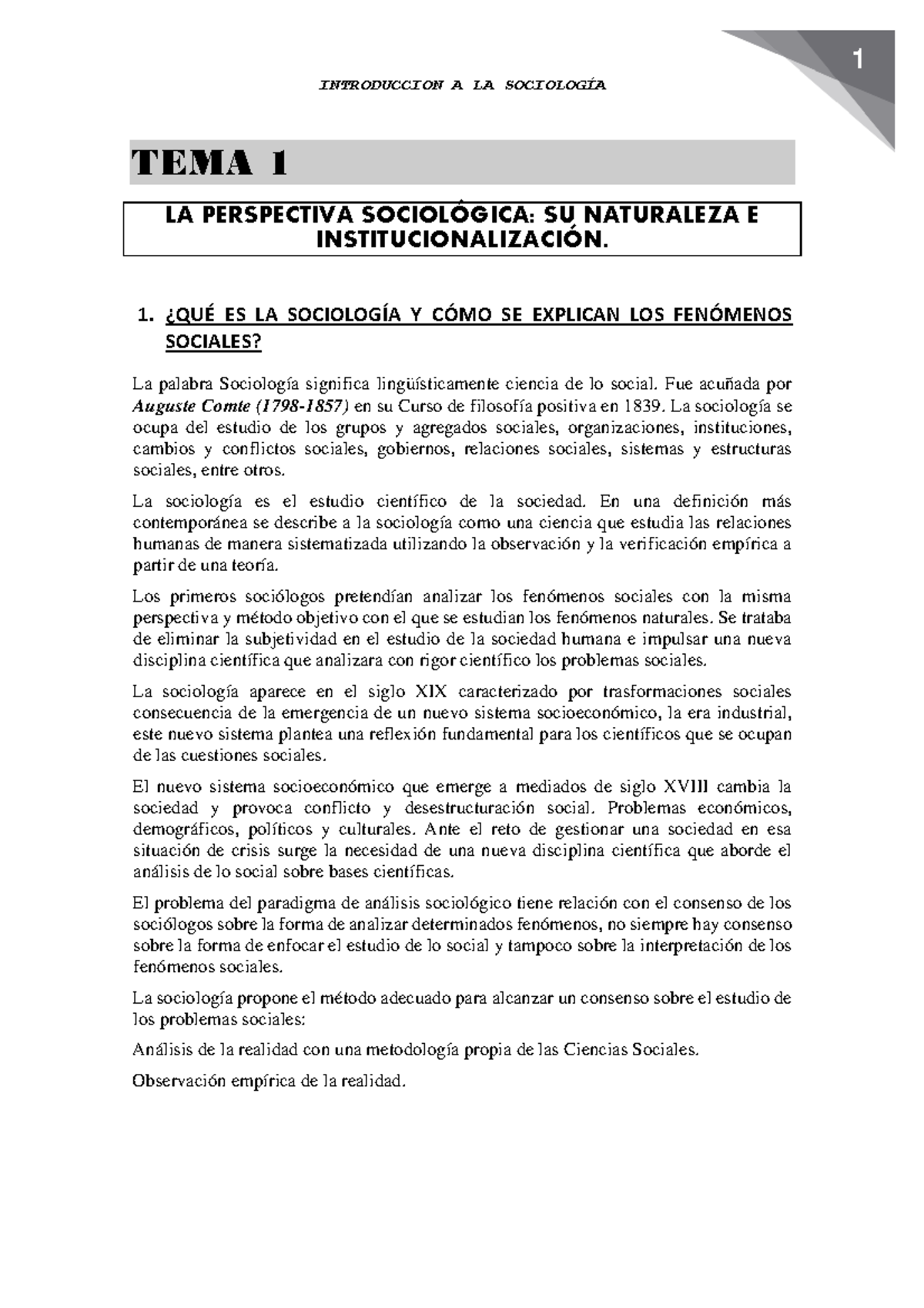 Introduccion a la sociologia tema 1 - INTRODUCCION A LA SOCIOLOGÍA TEMA ...