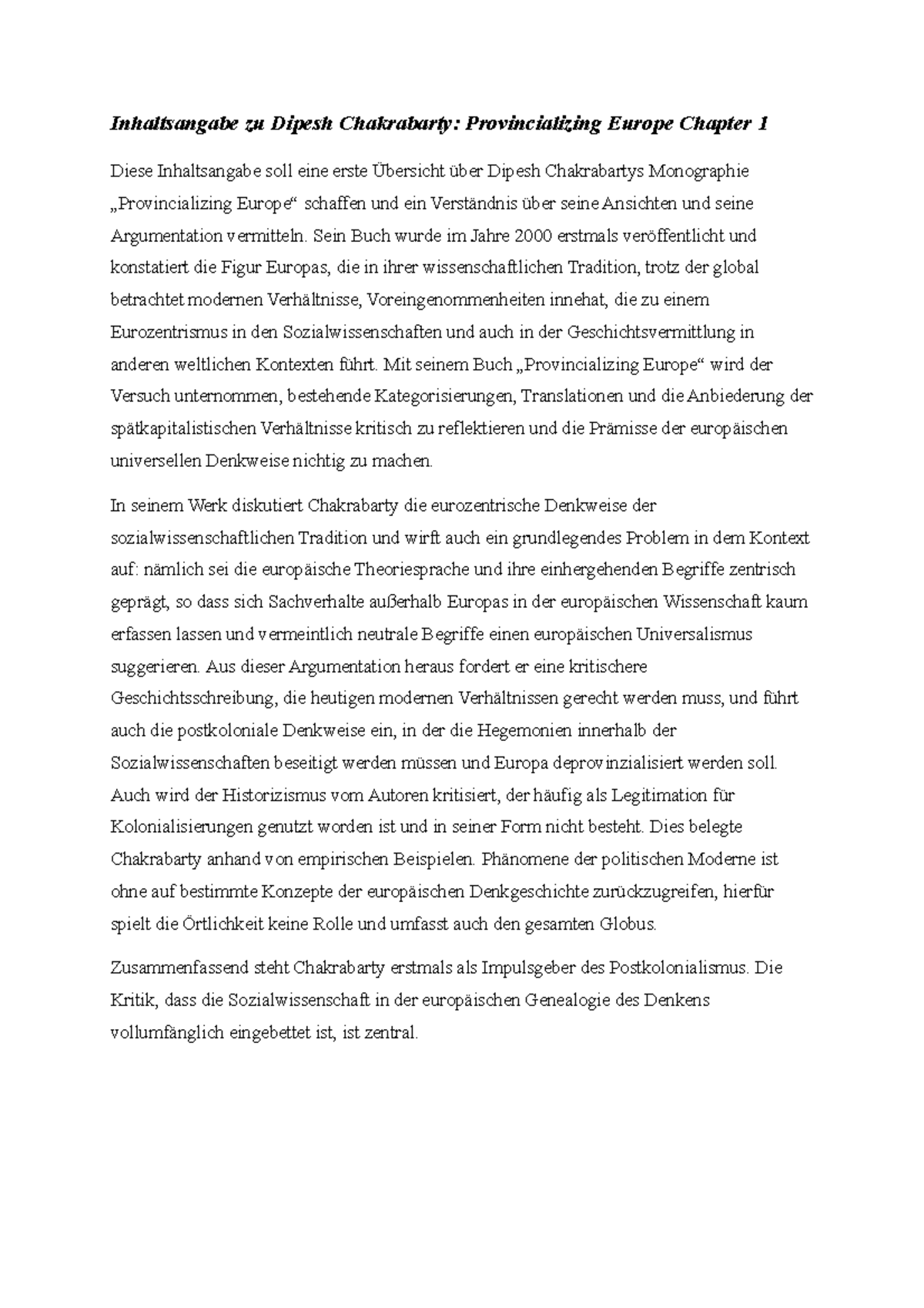 Chakrabarty Dipesh Provincializing Europe Provincializing Europe Inhaltsangabe - Inhaltsangabe zu Dipesh