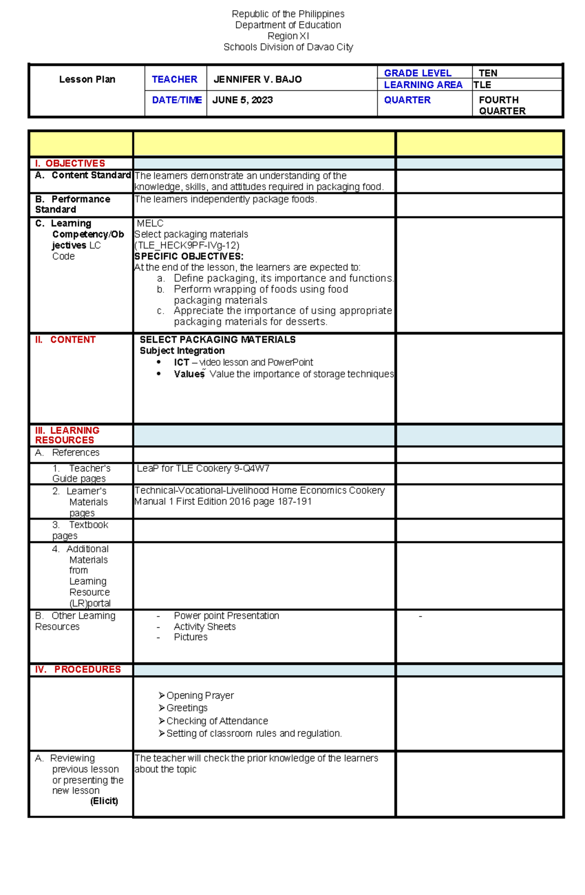 LP FOR TLE - okay - Republic of the Philippines Department of Education ...