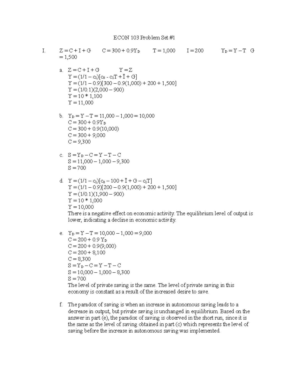 Econ 103 Macroeconomics Problem Set #1 - ECON 103 Problem Set # I. Z ...
