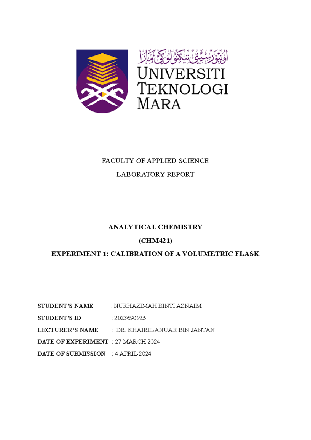 LAB Report 1 CHM421 - FACULTY OF APPLIED SCIENCE LABORATORY REPORT ...