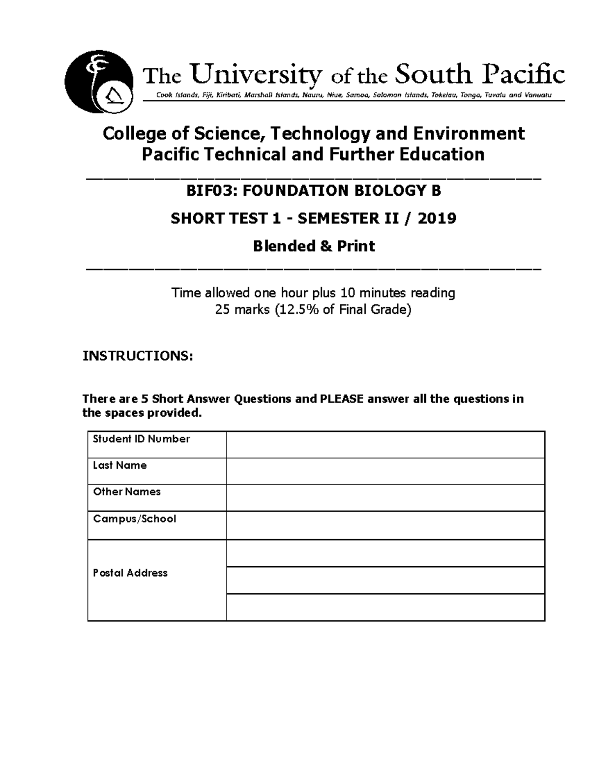 BIF03 short test 1 2019 - College of Science, Technology and ...