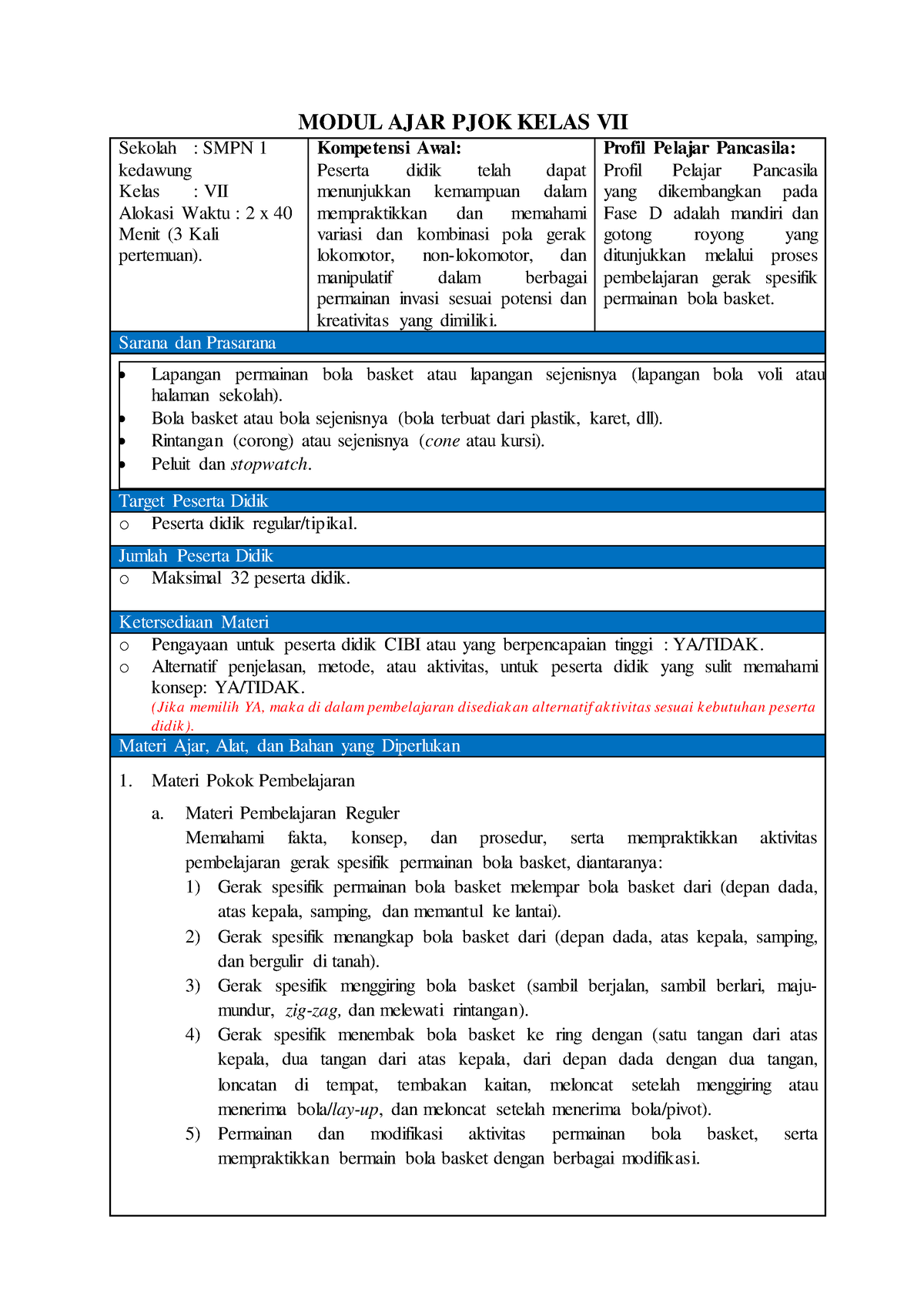 Modul Ajar Kelas Vii Modul Ajar Pjok Kelas Vii Sekolah Smpn 1 Kedawung Kelas Vii Alokasi 8375