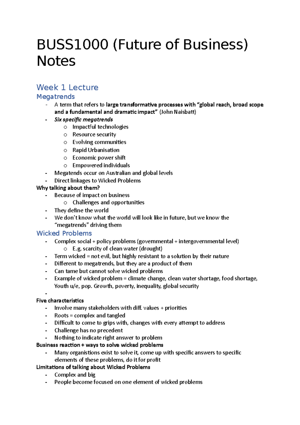 BUSS1000 Notes - BUSS1000 (Future of Business) Notes Week 1 Lecture ...