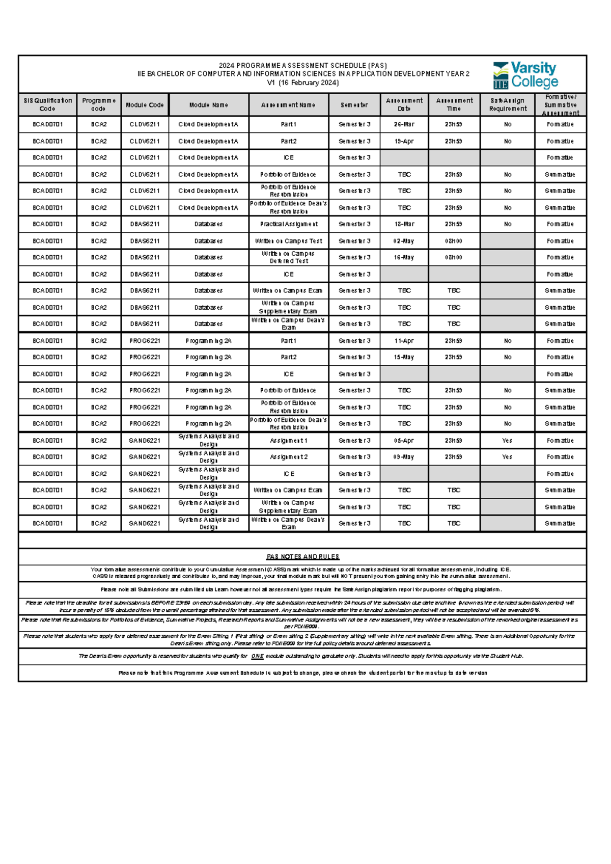 Iievc BCAD0701 Year 2 Programme Assessment Schedule 2024 V1 SIS