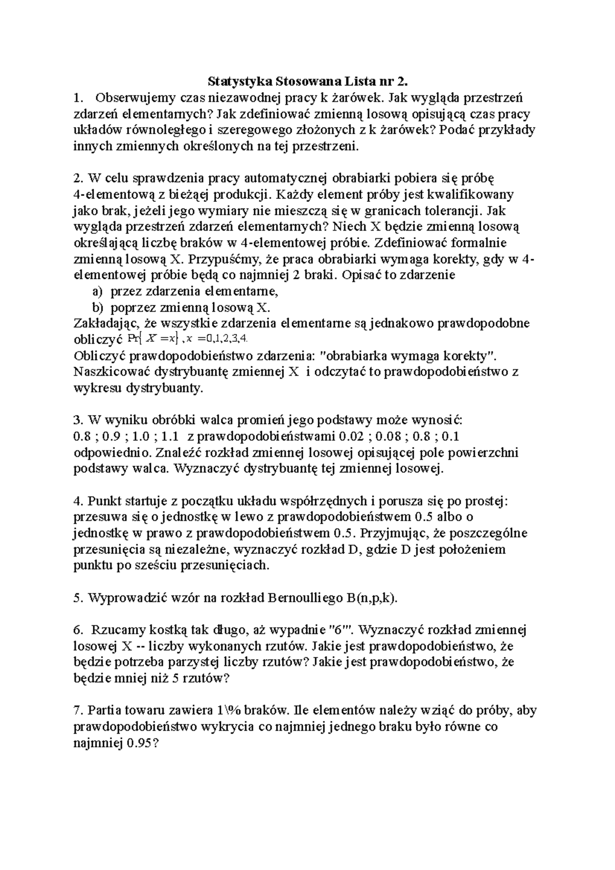 Statystyka stosowania - zaliczenie 2 - Statystyka Stosowana Lista nr 2 ...