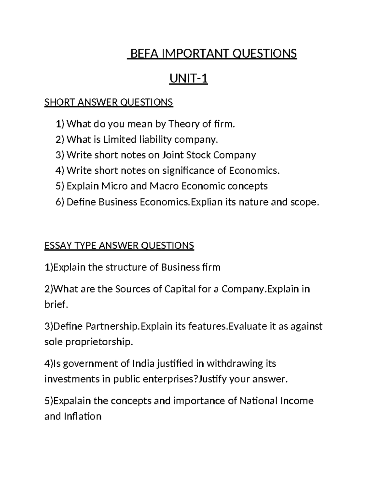 Befa questions - nothing - BEFA IMPORTANT QUESTIONS UNIT- SHORT ANSWER ...