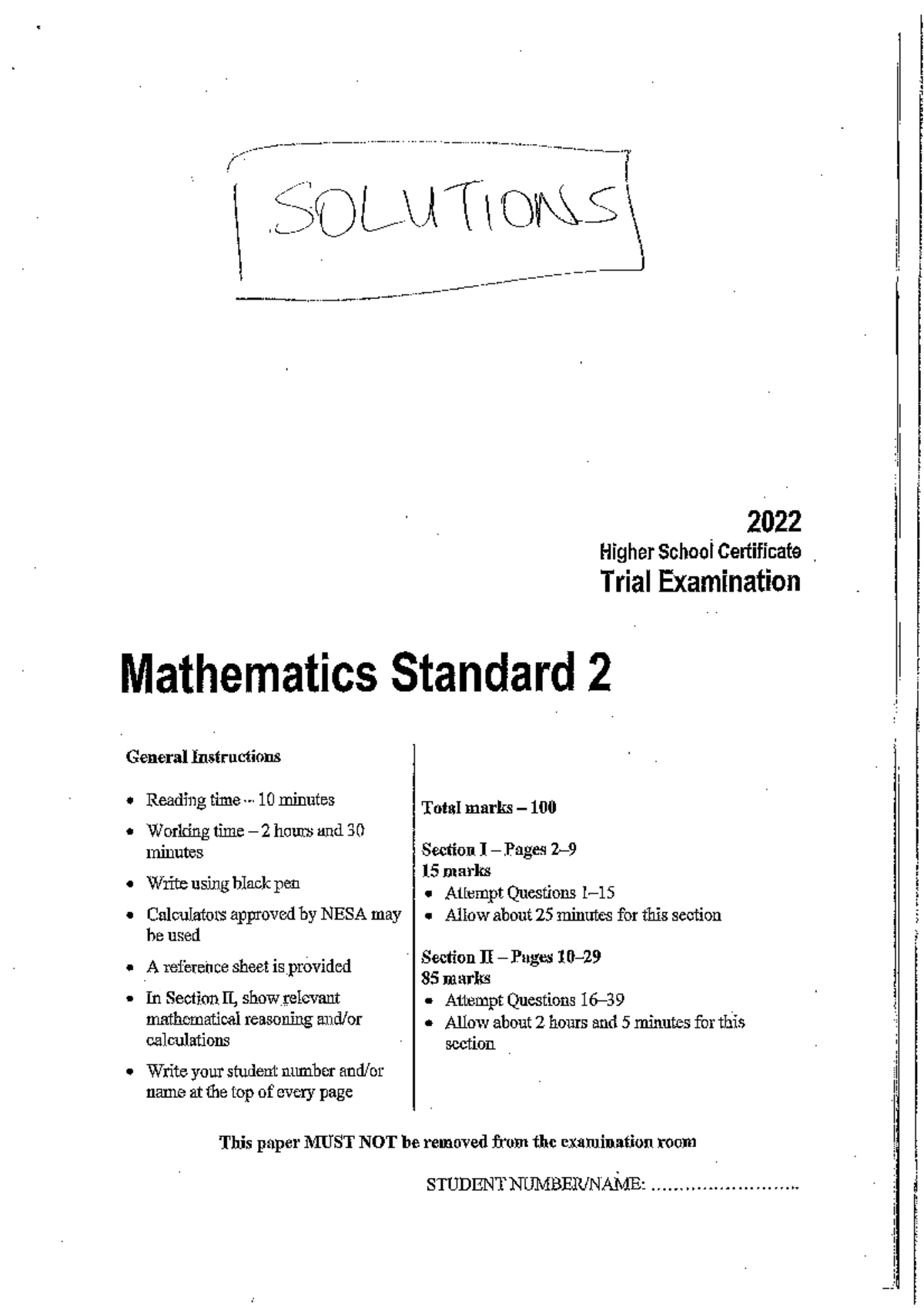 2022 Year 12 Standard Mathematics Trial HSC Solutions - civil ...