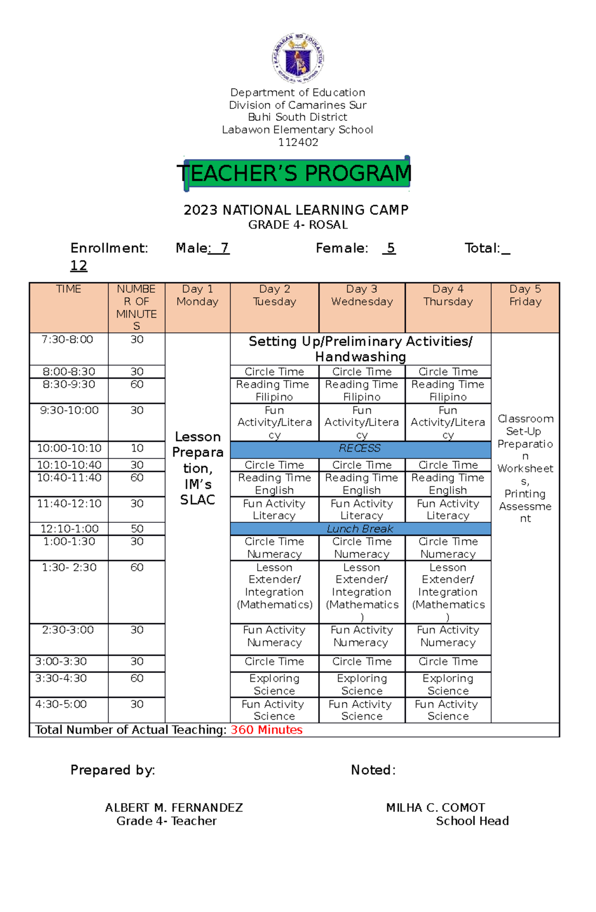 NLC Class Program Grade 4 updated - Department of Education Division of ...