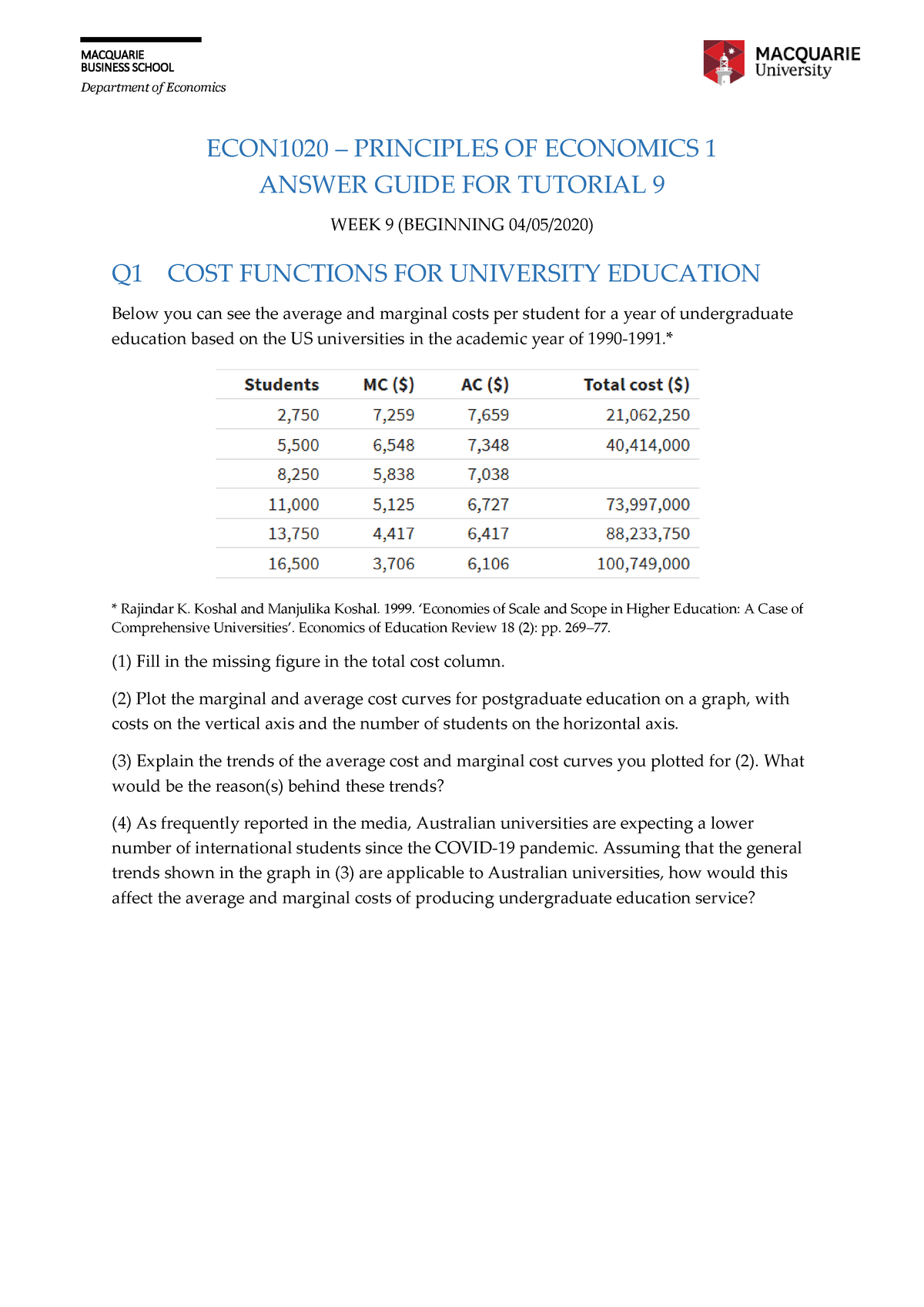 ECON1020 S2 2020 Tutorial 9 - Answer Guide - BUSINESS SCHOOL Department ...