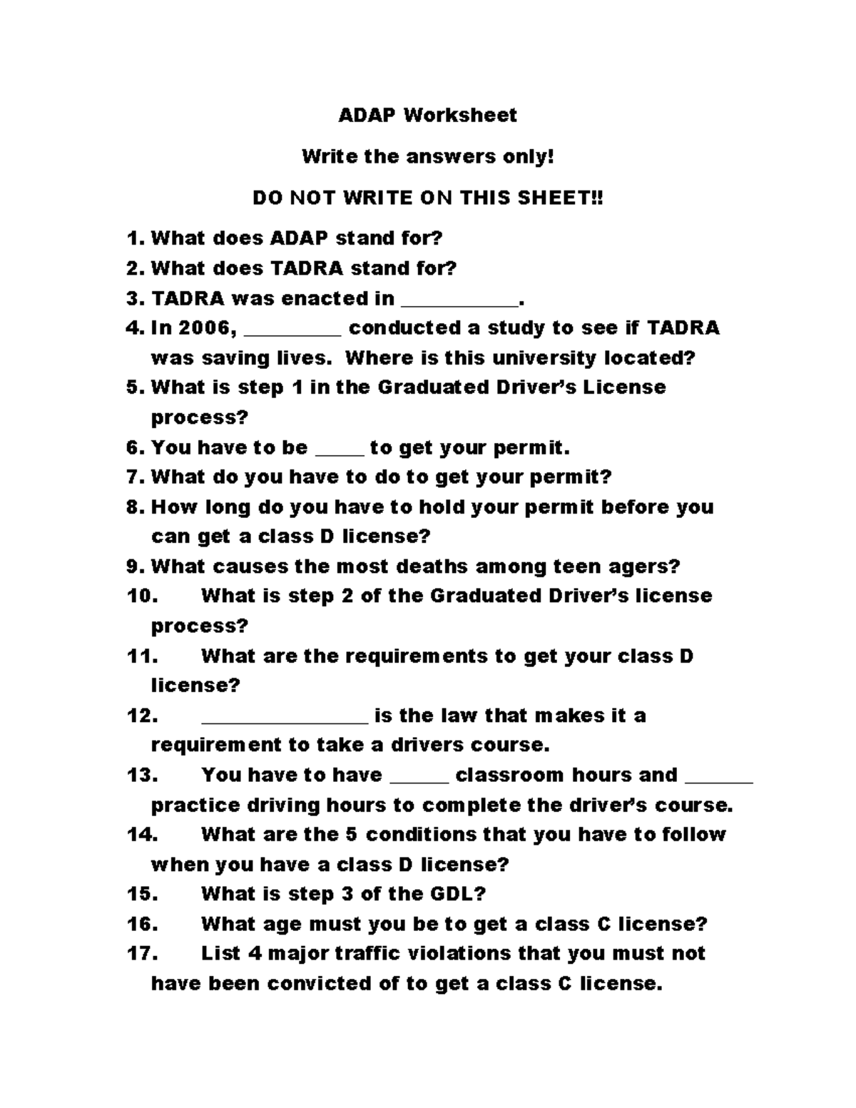 ADAP Worksheet Adap Questionnaire ADAP Worksheet Write the answers