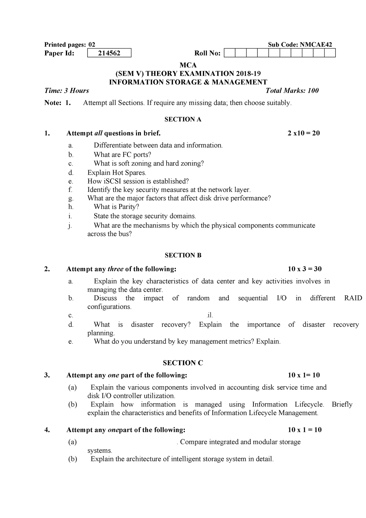 Mca 5 sem information storage and management nmcae 42 2018 19 - Printed ...