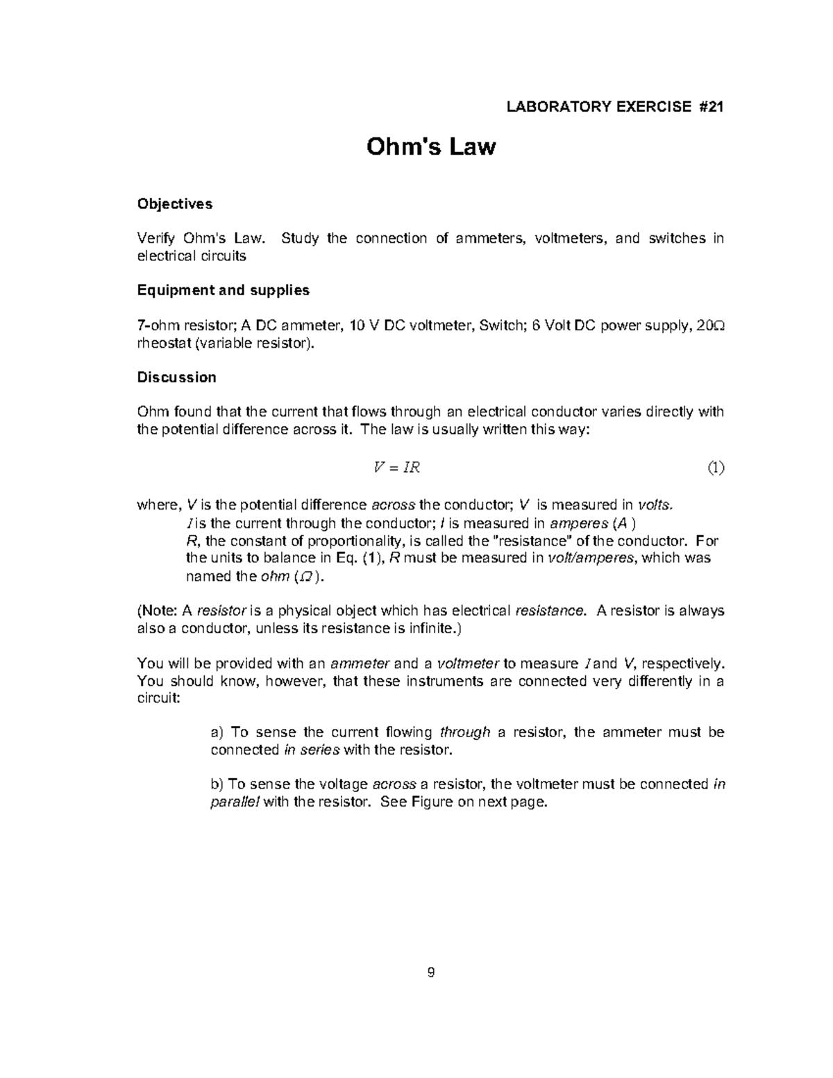 Lab 21 Ohm's Law Experiment 3 LABORATORY EXERCISE Ohm's Law