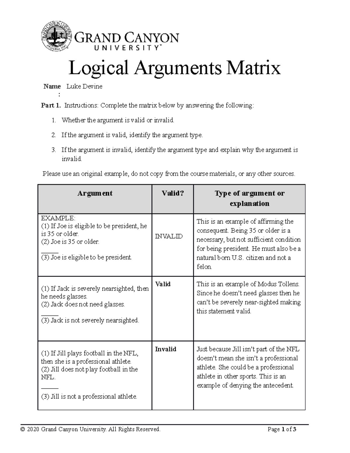 Phi 103 Rs T1logical Arguments Matrix Logical Arguments Matrix Name Luke Devine Part Instructions Complete The Matrix Below By Answering The Following Whether Studocu