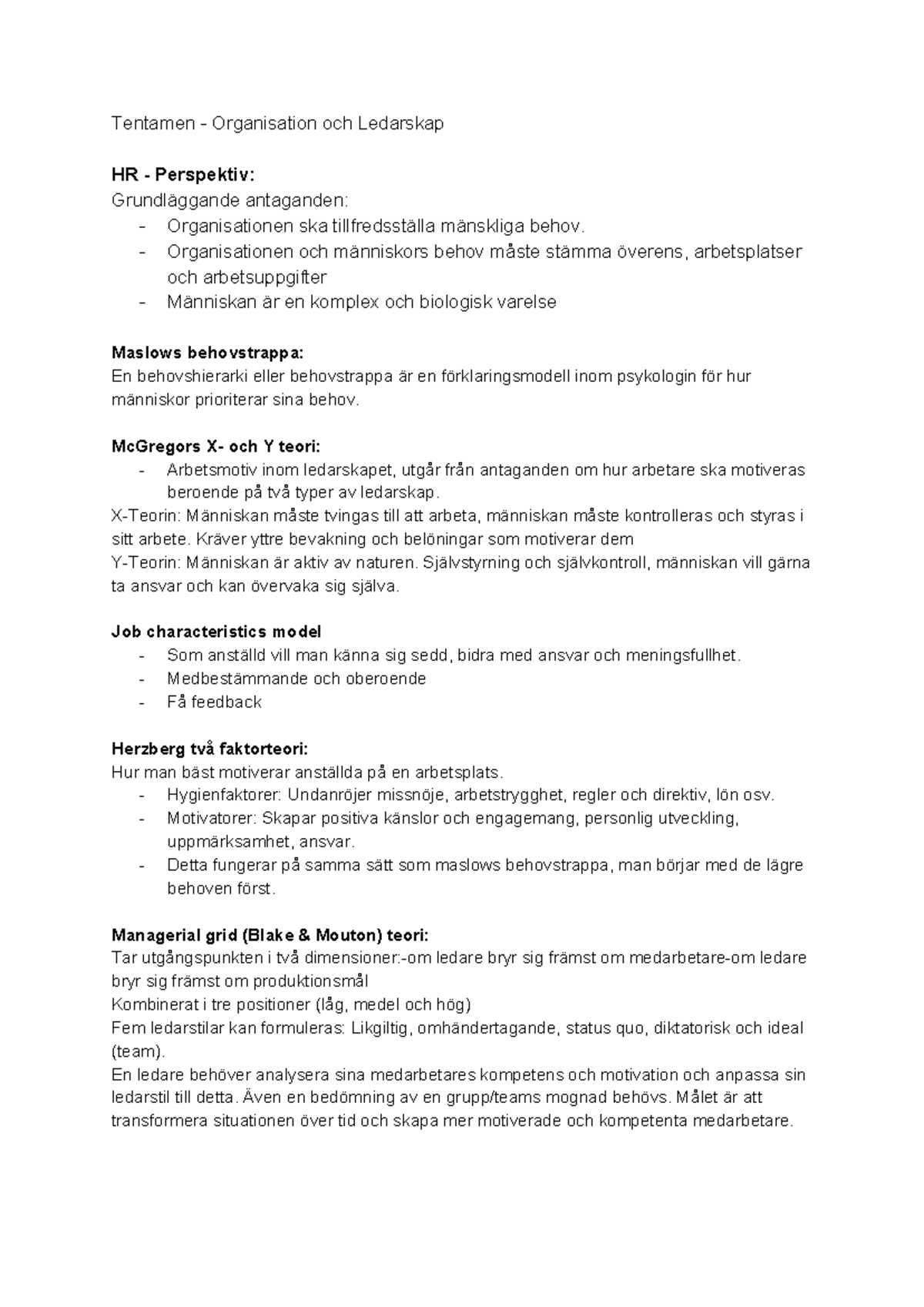 Tentamen - Organisation Och Ledarskap - Organisationen Och Människors ...