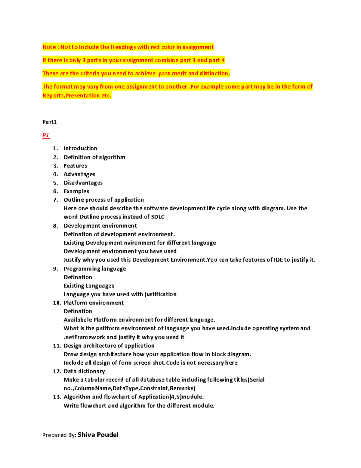 Assignment Guide For Programming - Note : Not to Include the Headings ...