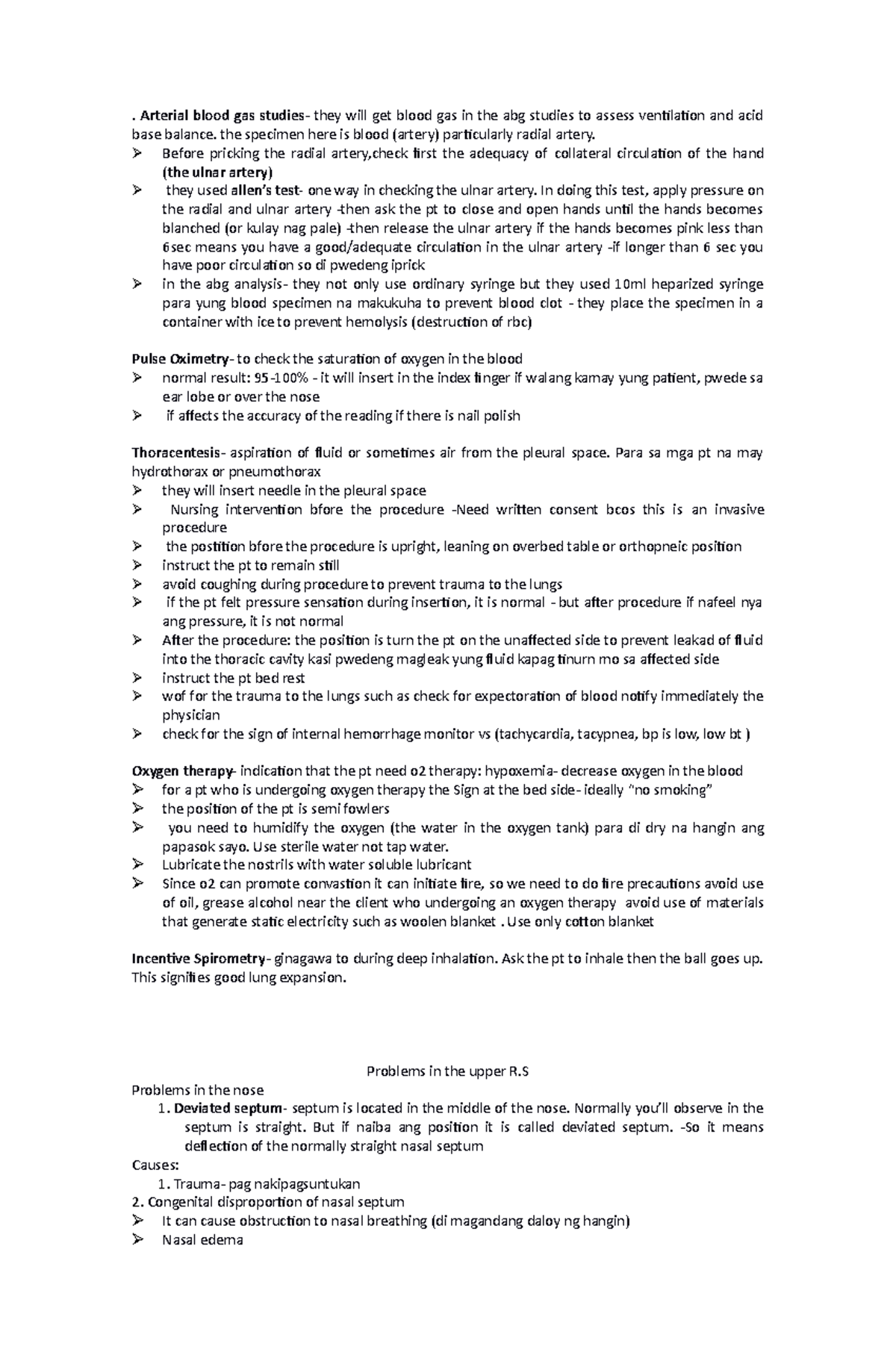 Notes - . Arterial blood gas studies - they will get blood gas in the ...