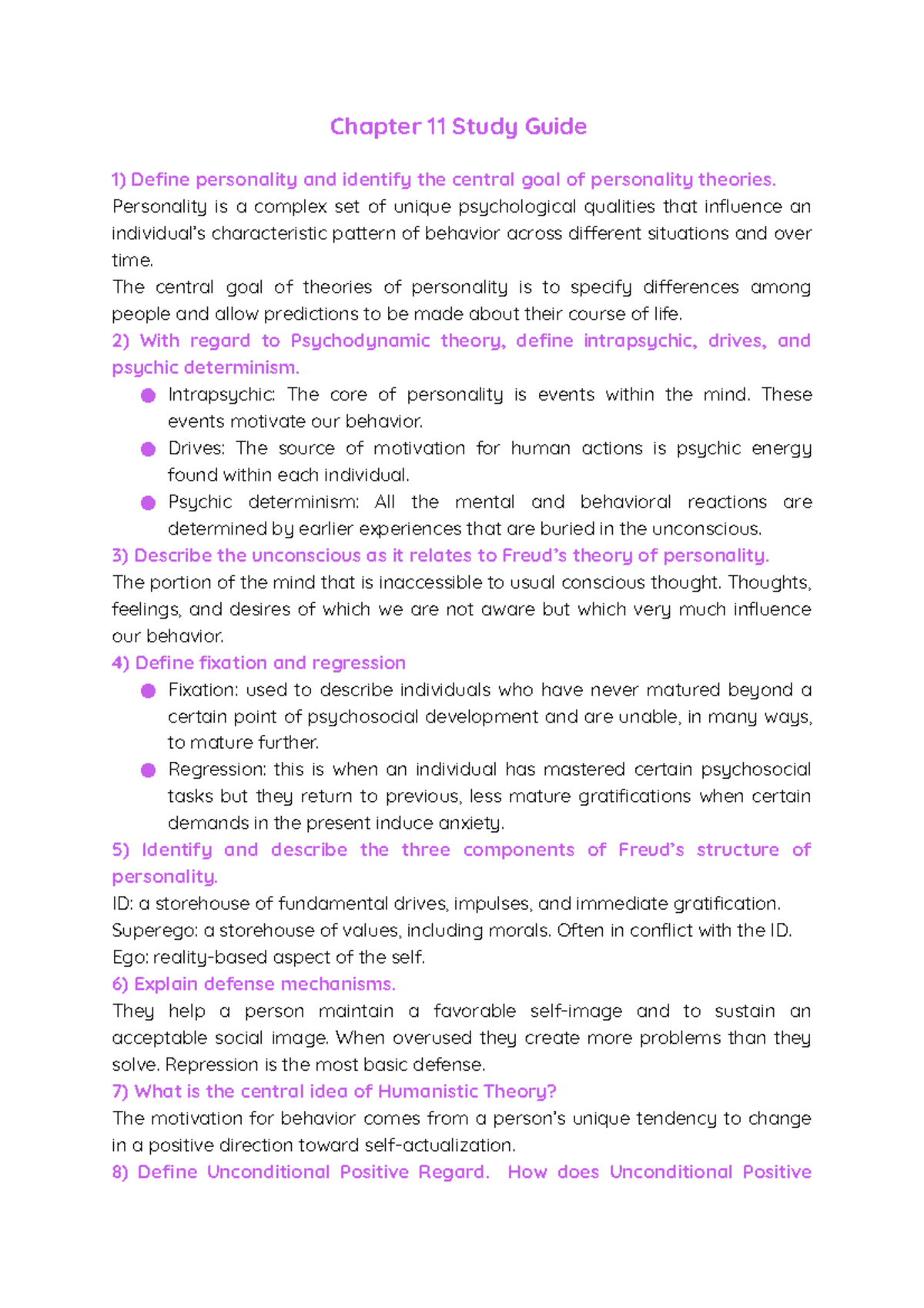 Chapter 11 Study Guide Chapter 11 Study Guide Define personality and