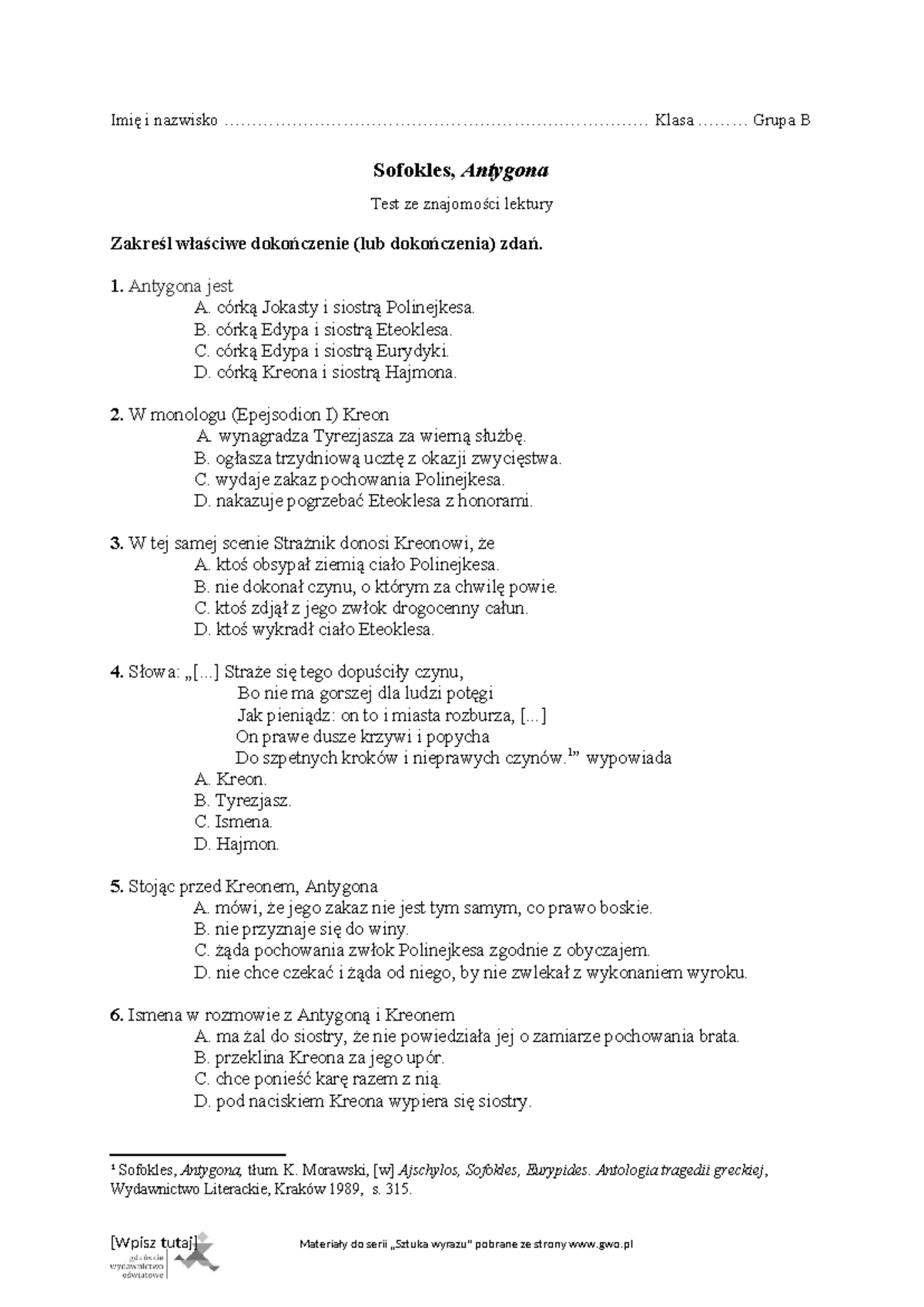 Sprawdzian Z Antygony I Teatru Greckiego www.studocu.com