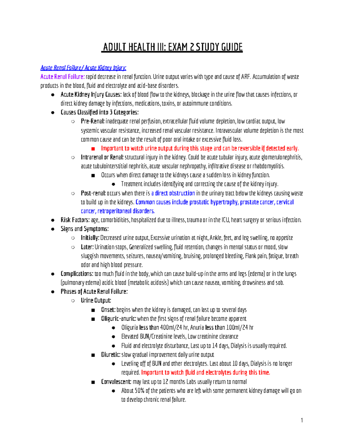 Adult Health Exam 2 SG - ADULT HEALTH III: EXAM 2 STUDY GUIDE Acute ...
