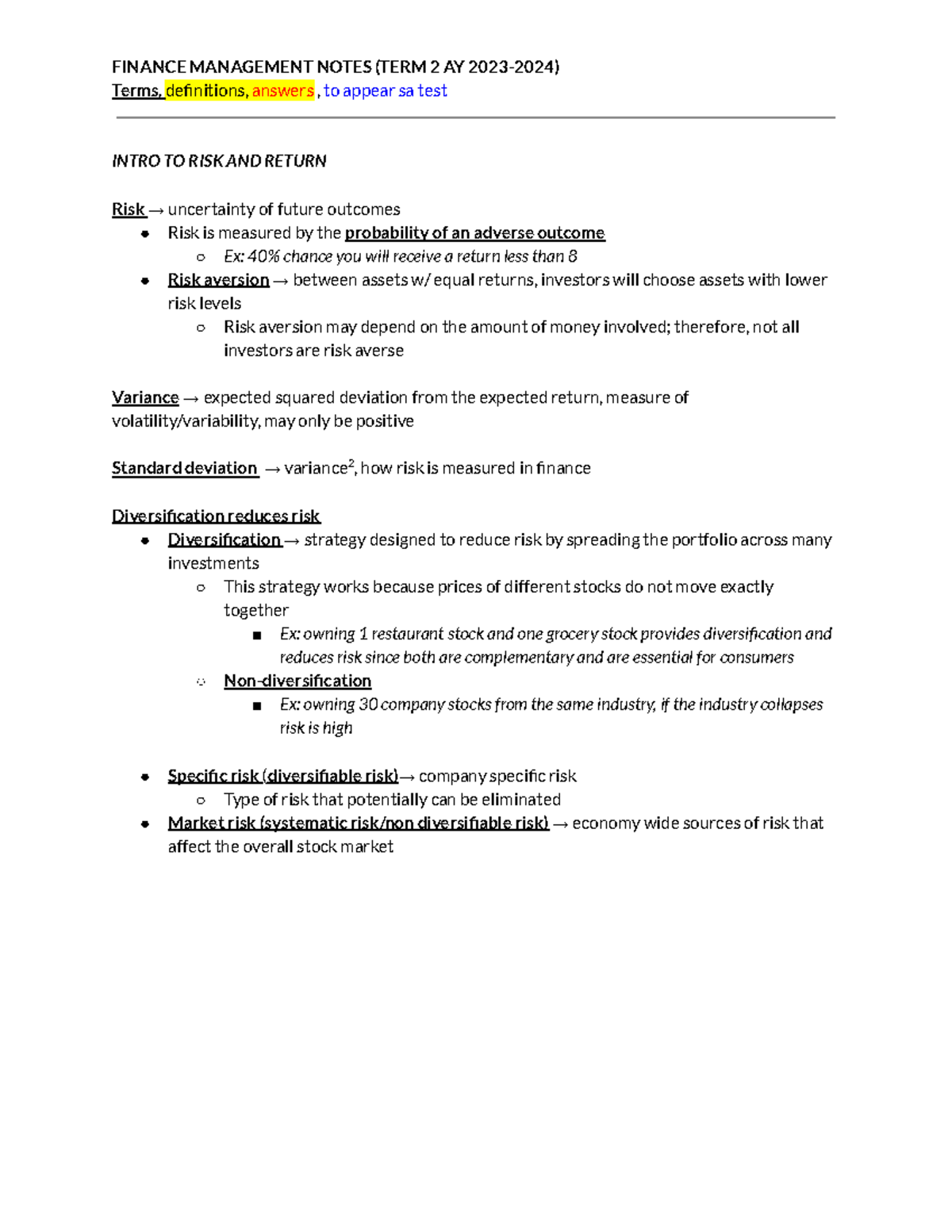 FMDFINA financial management notes - Terms, definitions, answers , to ...