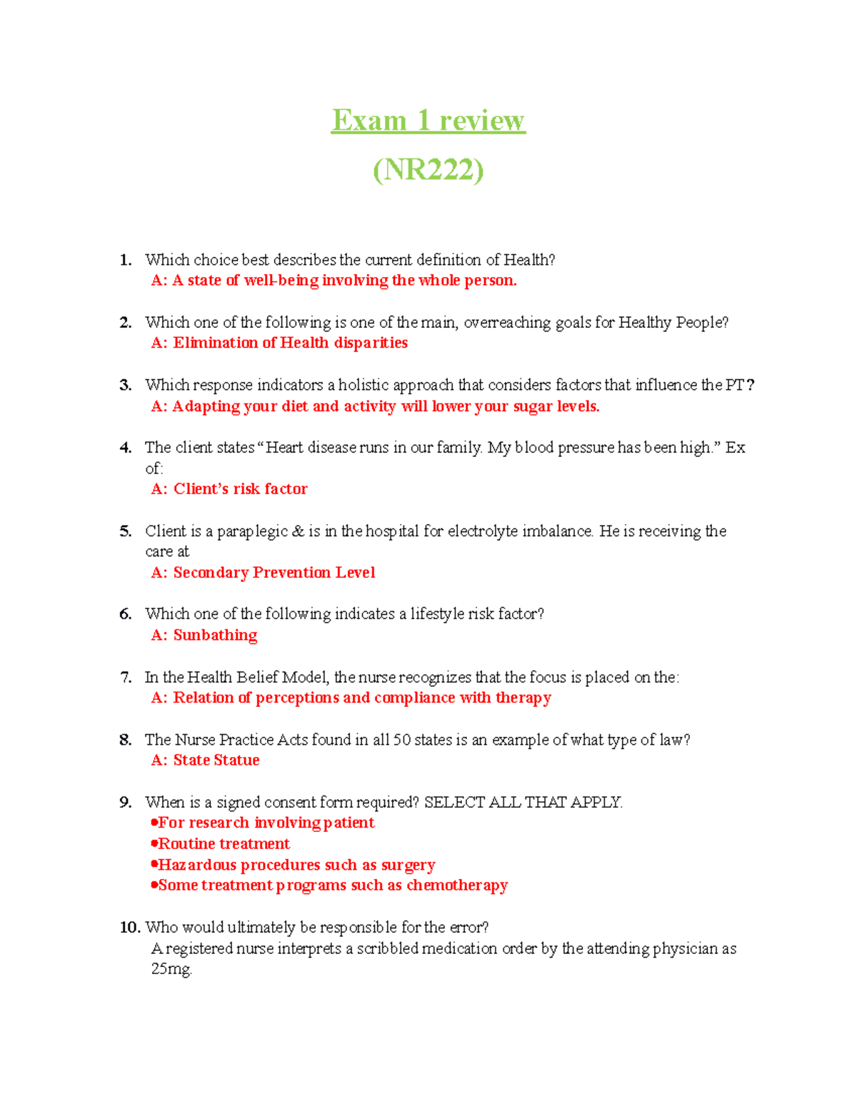 Nr222exam review notes 2 - Exam 1 review (NR222) 1. Which choice best ...