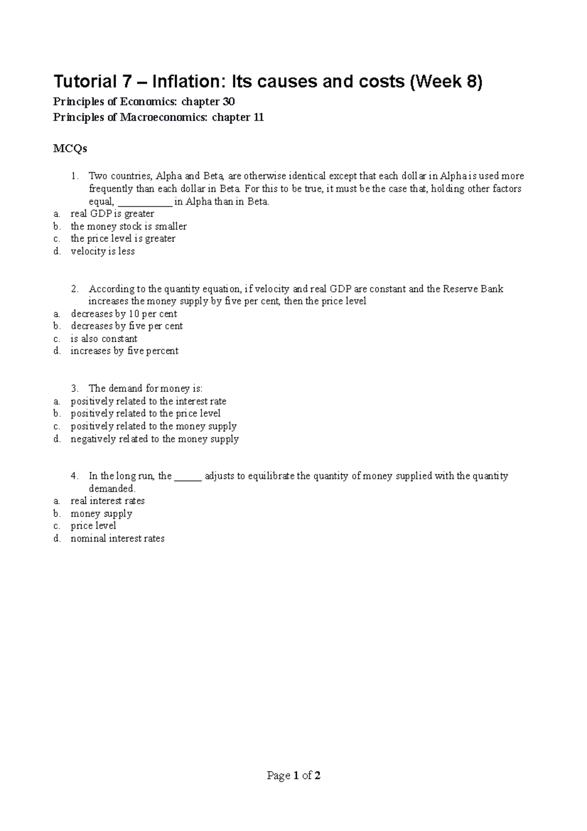 Tut7 (Week 8) Questions-1 - Tutorial 7 – Inflation: Its causes and ...
