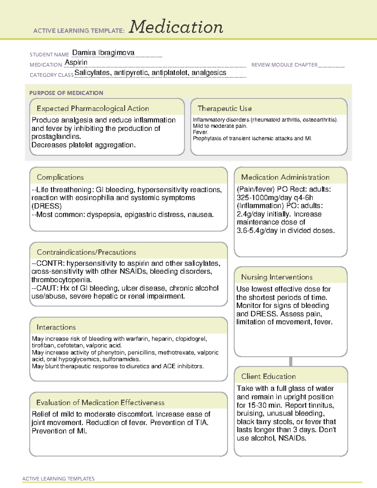 Aspirin ati ACTIVE LEARNING TEMPLATES Medication STUDENT NAME Studocu