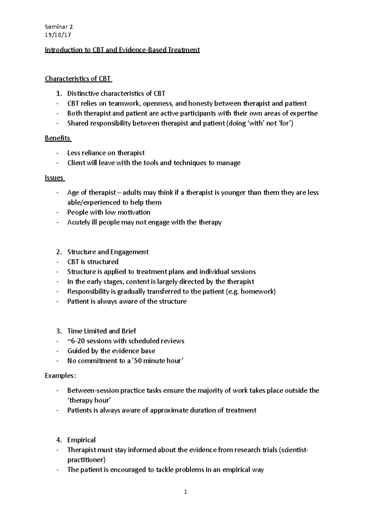 Seminar 2 Introduction To Cbt And Evidence - Seminar 2 19 10 17 