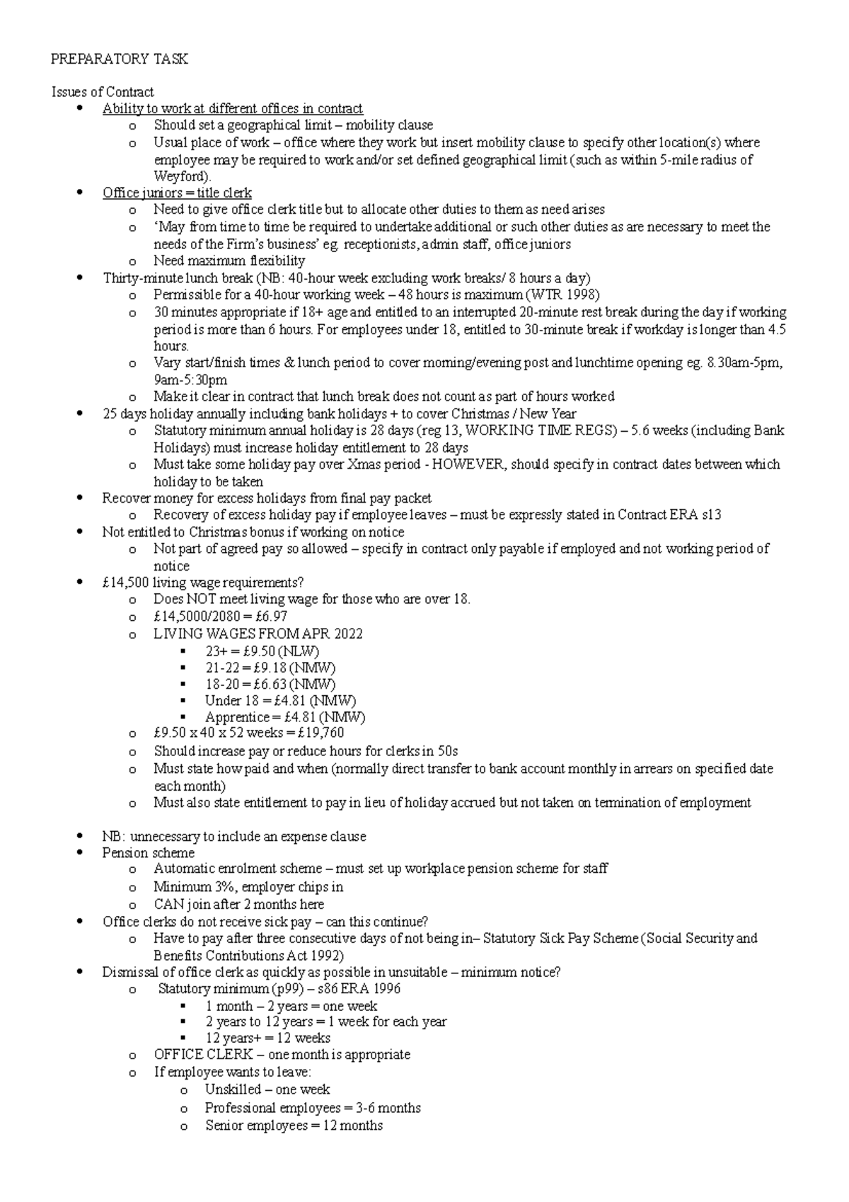 Employment wk 1 - PREPARATORY TASK Issues of Contract Ability to work ...