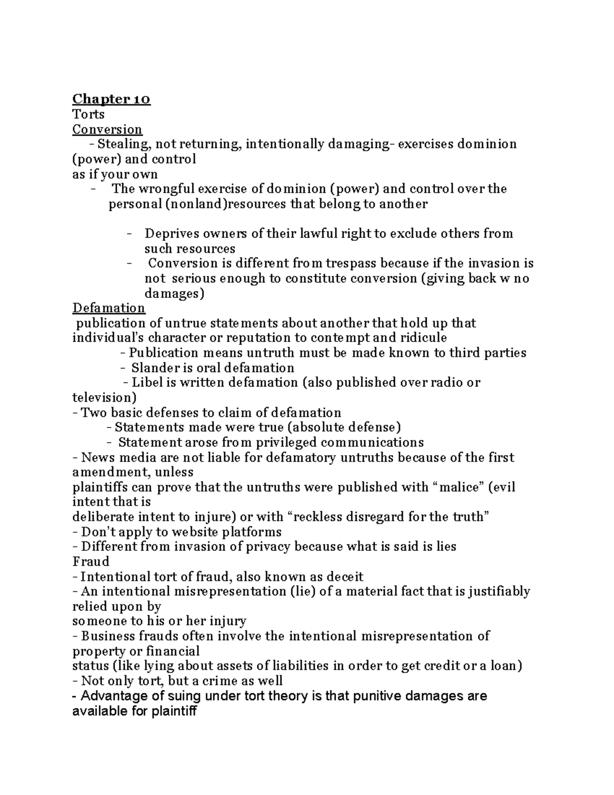 Legl notes for test 2 - Chapter 10 Torts Conversion - Stealing, not ...