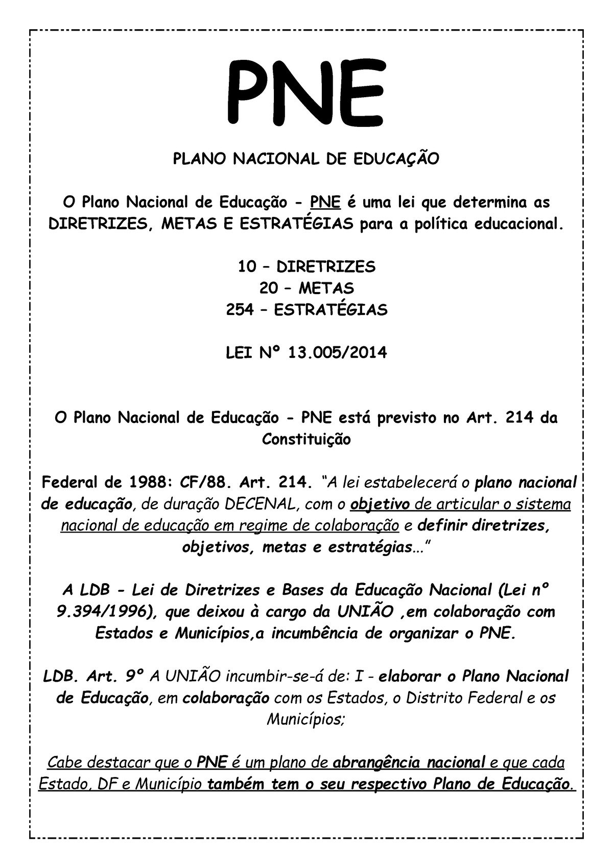 Resumo PNE + Simulados PNE PLANO NACIONAL DE EDUCAÇÃO O Plano