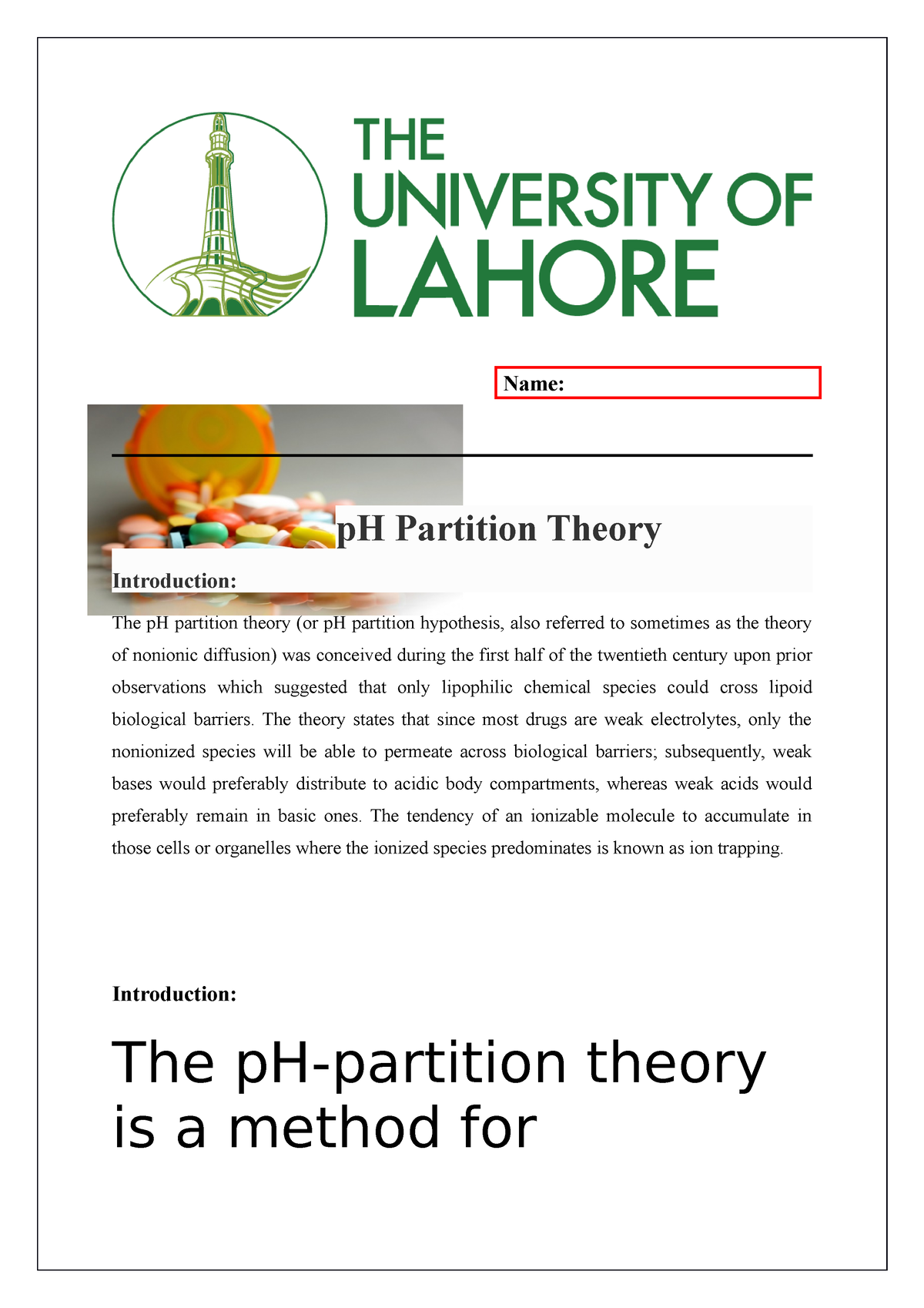 Ph partition theory Name pH Partition Theory Introduction The