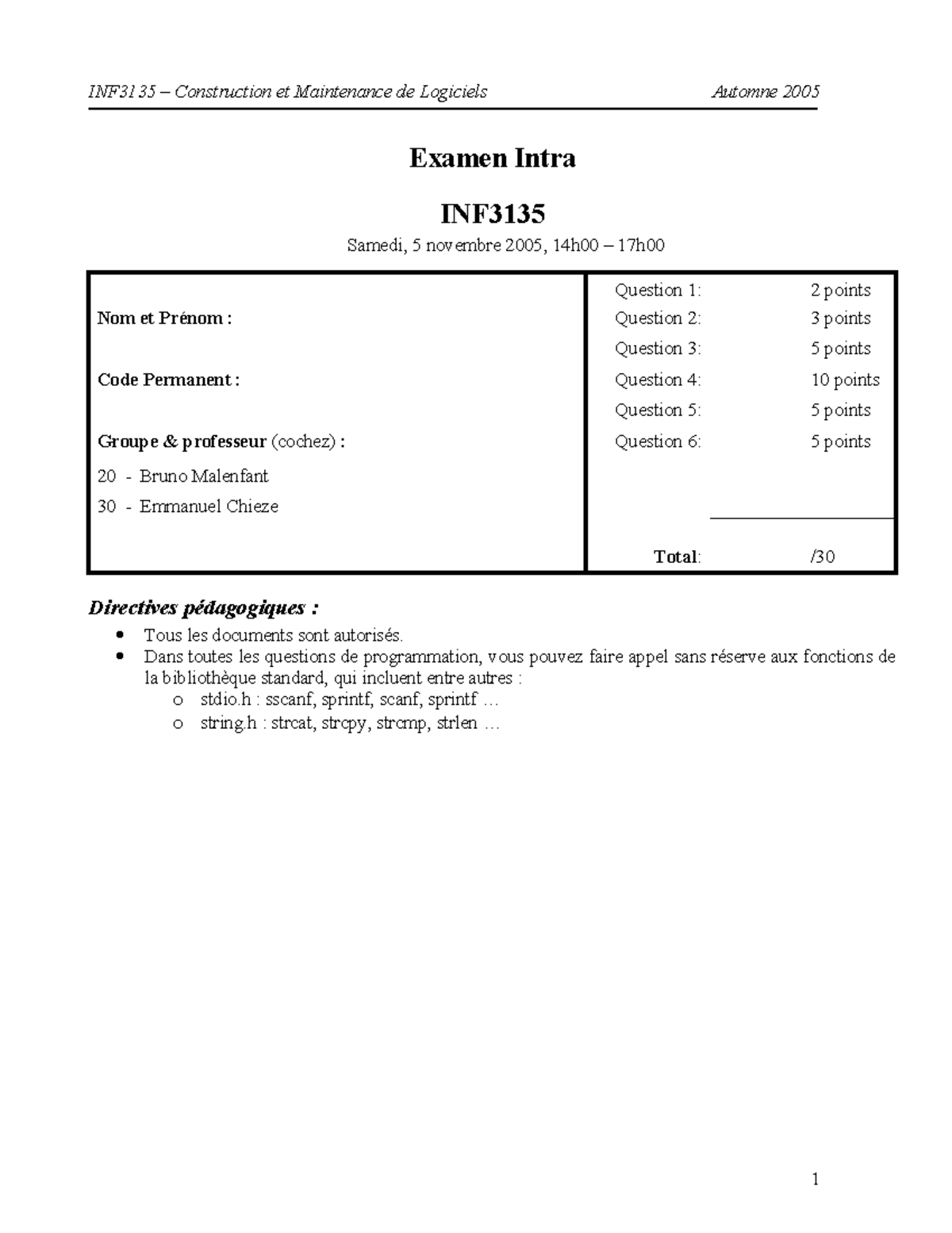 Intra-053 - examen pratique precedant - Examen Intra INF Samedi, 5 ...