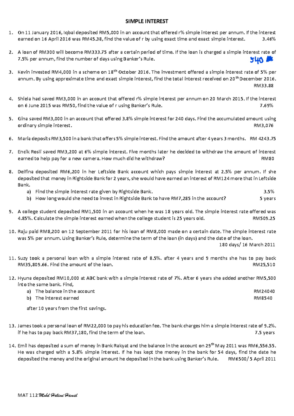 Tutorial Simple Interest - MAT 112 Mohd Halimi Hamid SIMPLE INTEREST On ...