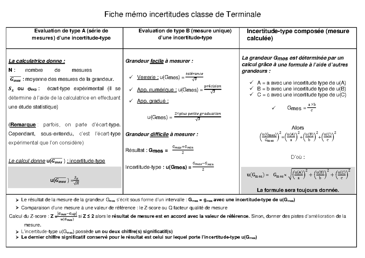 Fiche memo incertitudes - 𝑺𝒙 ou exp : écart-type expérimental (il se ...