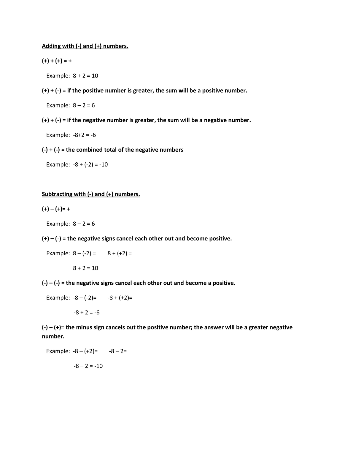 Math Help postive and negative - Adding with (-) and (+) numbers ...