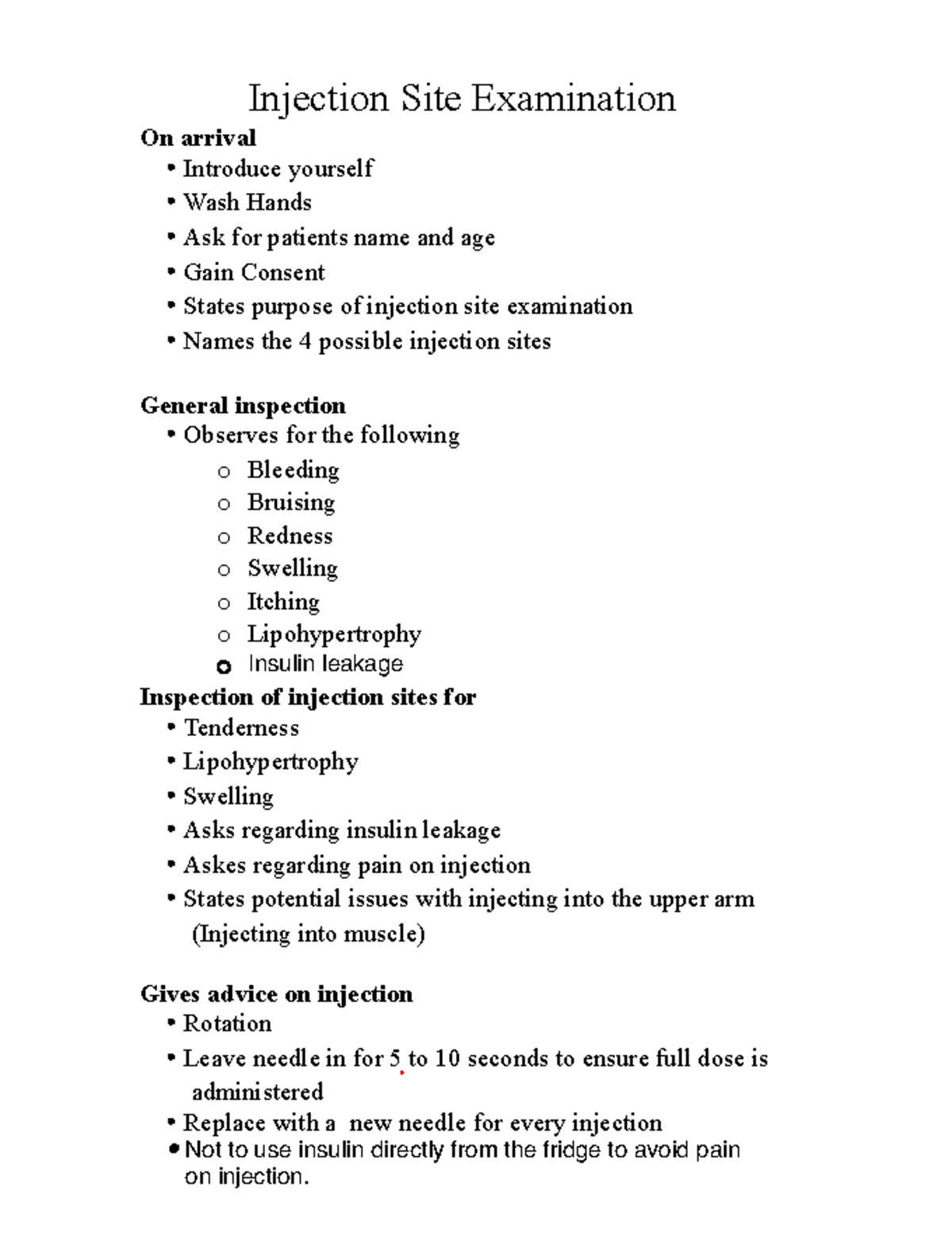 OSCE Injection Site Examination Criteria Warning Unimplemented