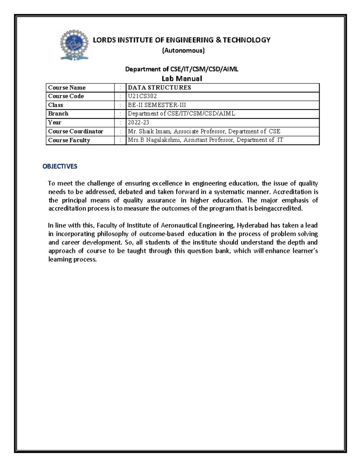 Final DS Lab Manual - Easy To Understand - LORDS INSTITUTE OF ...