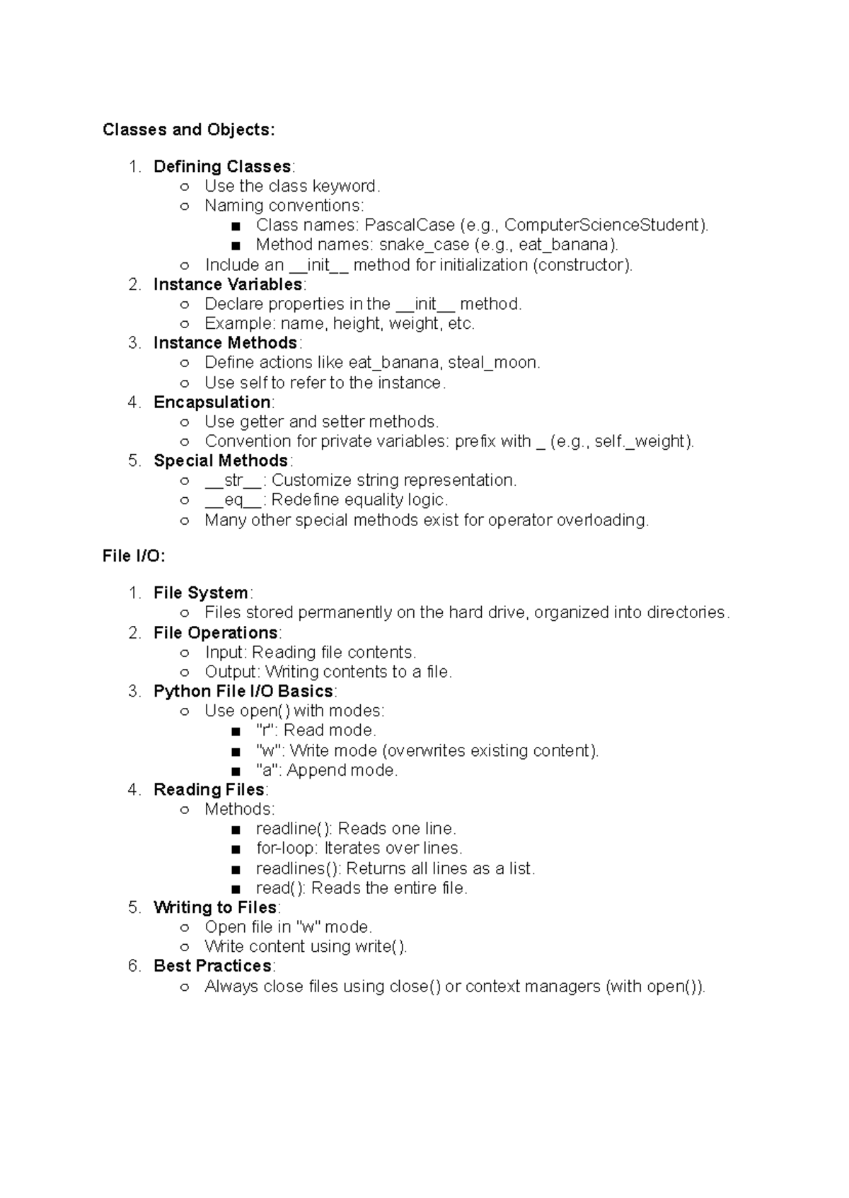 Lecture 12 Notes - Classes and Objects: 1. Defining Classes: Use the ...