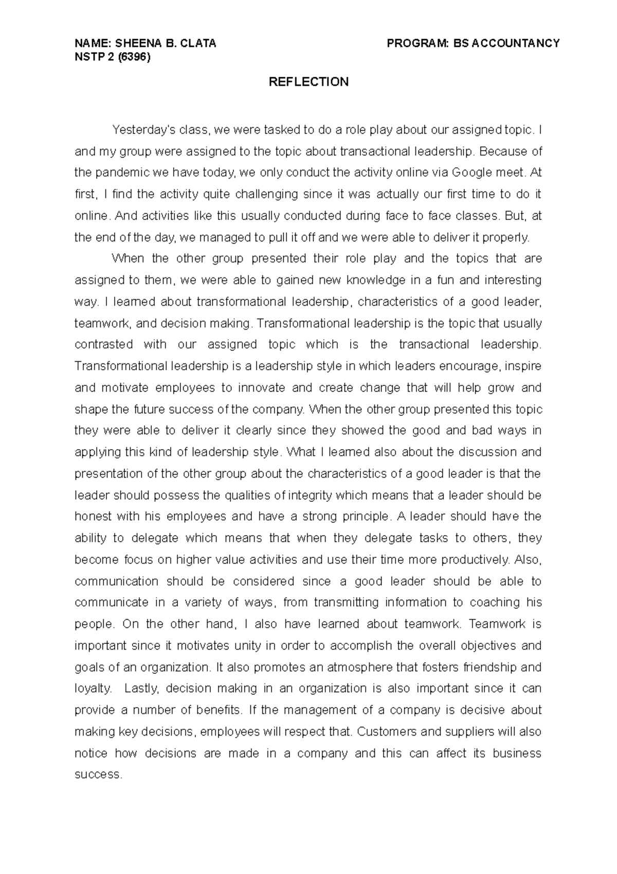 Reflection NSTP2 - NAME: SHEENA B. CLATA PROGRAM: BS ACCOUNTANCY NSTP 2 ...